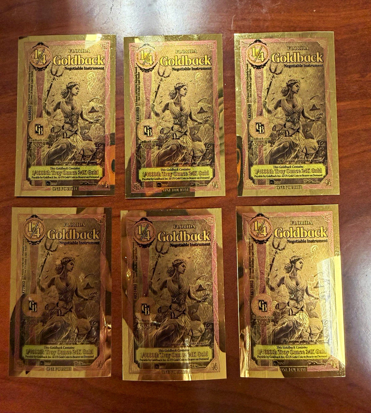 Lot of 6 Goldback Inc Florida Goldback 1/4 Goldback Lady Liberty 2024 6ct