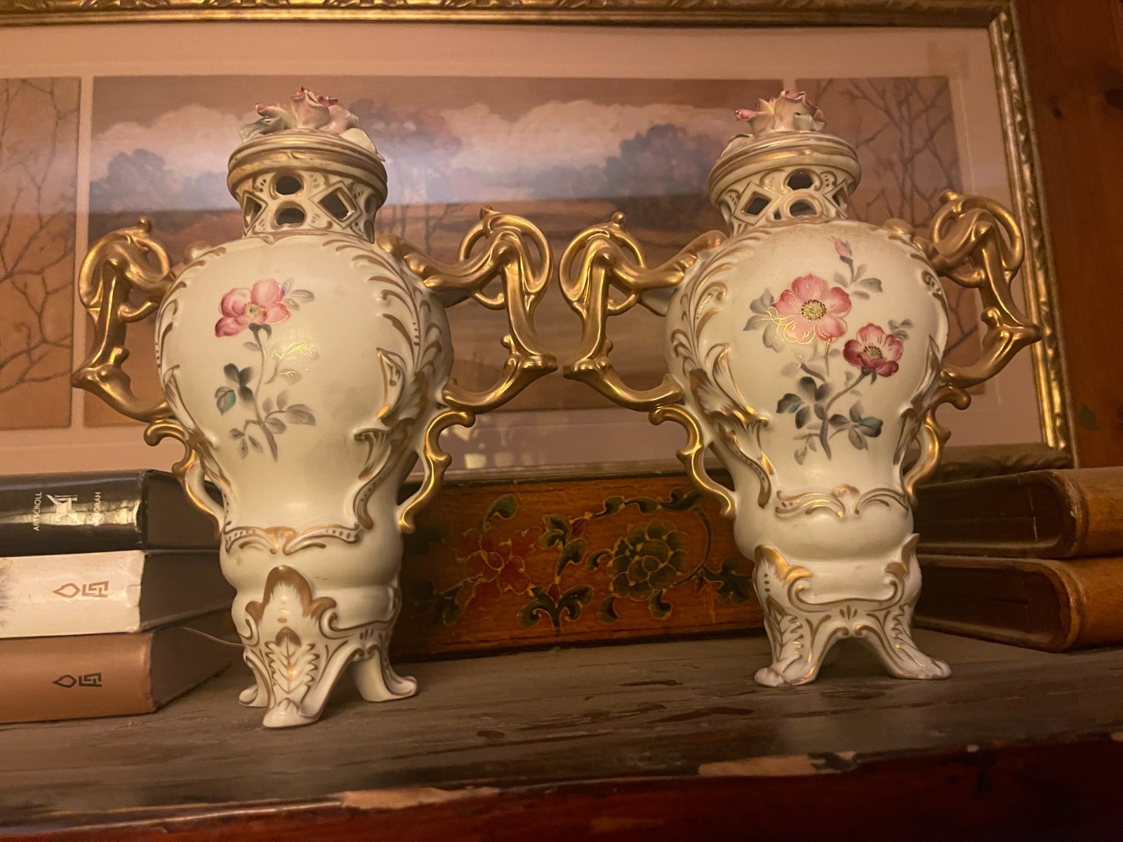 Pair Ornate Porcelain Mantel Vases Gilt Floral Rococo Victorian Style