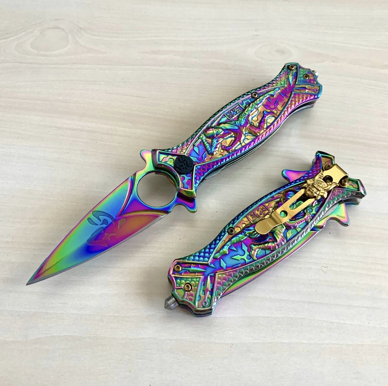 8.5” Rainbow Ninja Tactical Spring Assisted Open Blade Folding Pocket Knife