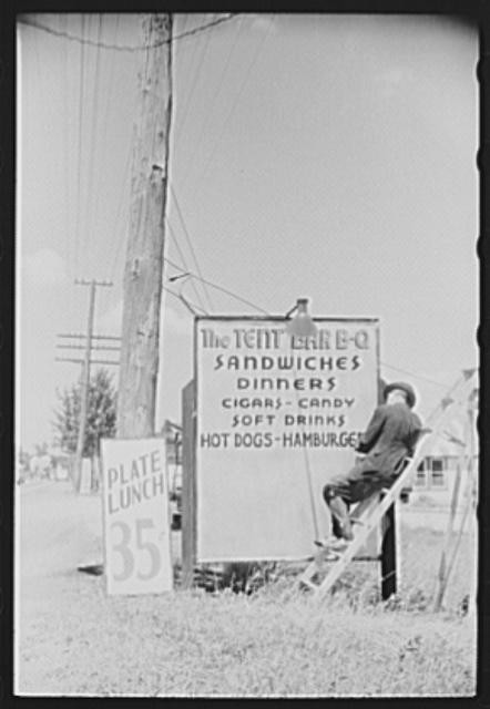 U.S. Highway 1 1930s Roadside Cafe Sandwiches Dinners Signs Man on Ladder