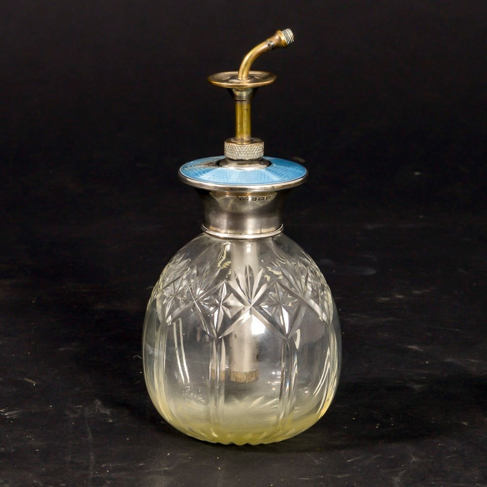 Antique Perfume Spritzer Atomizer Cut Crystal Blue Guilloche Sterling Silver 