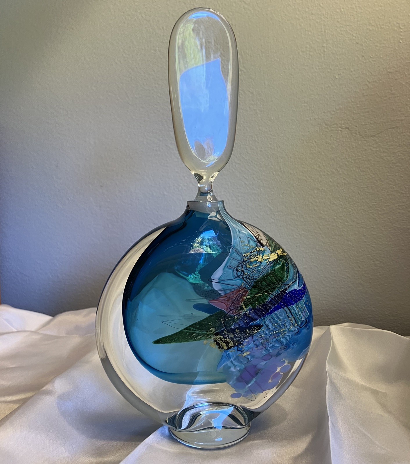 Rare Signed Studio Art Glass Perfume Bottle, 1993, Blue with Gold flecks, 9.5 in Rare Signed Studio Art Glass Perfume Bottle, 1993, Blue with Gold flecks, 9.5 in
