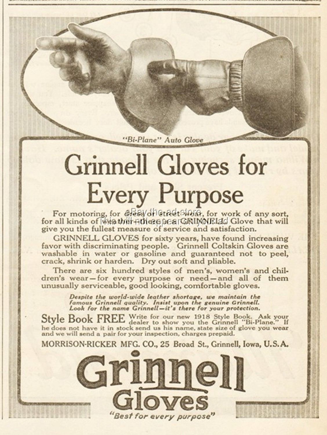 1918 Grinnell Driving Motoring Bi-Plane Auto Gloves Morrison Ricker Iowa Ad
