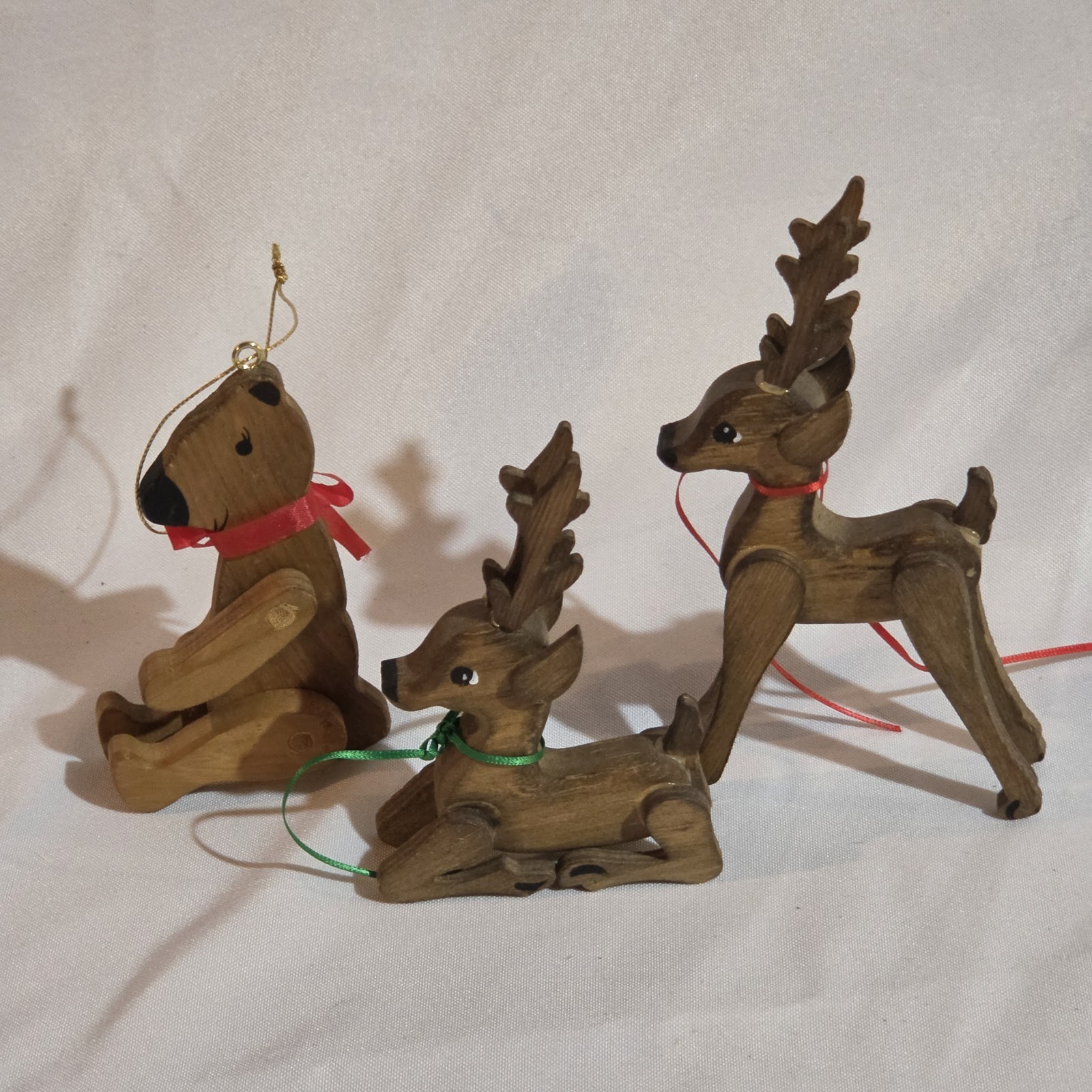 Handcrafted Wooden Reindeer & Moveable Bear Ornaments – Vintage Holiday Decor
