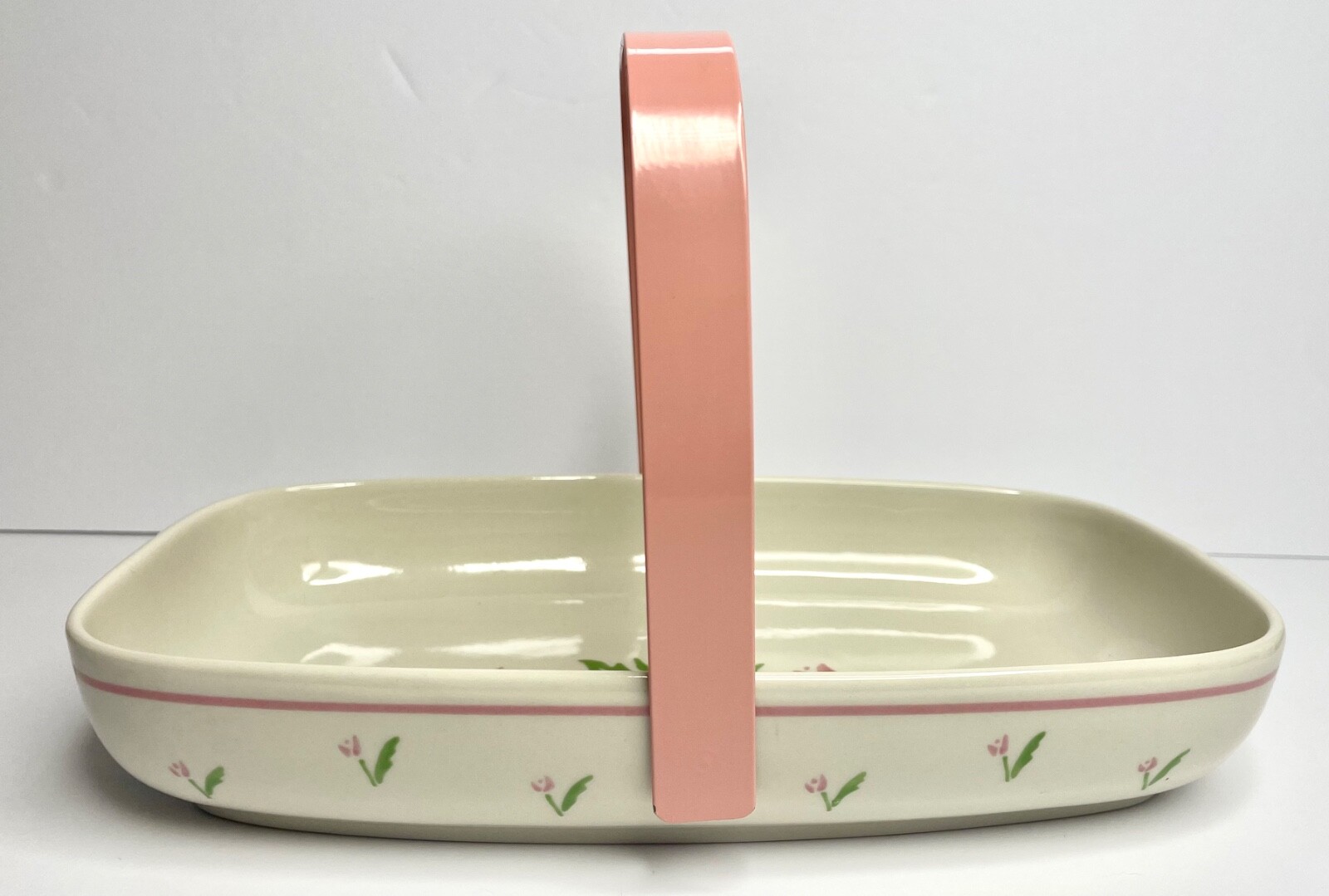 TELEFLORA 1985 Ceramic Porcelain Basket Pink Floral Design w/ Pink Metal Handle 