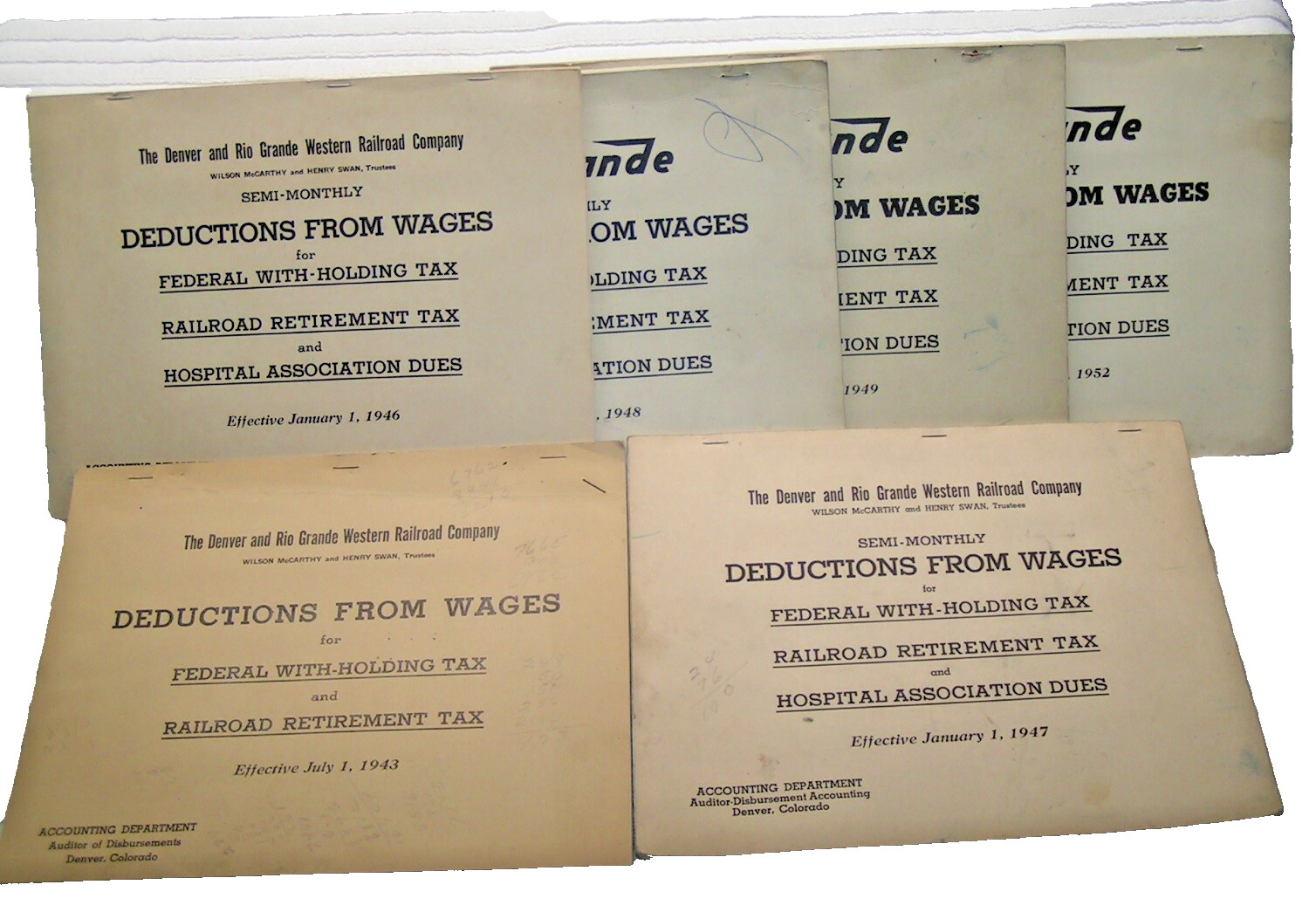 6 D&RGW Railroad Deductions From Wages for 1943, 46, 47, 48, 49, & 1952 Booklets 6 D&RGW Railroad Deductions From Wages for 1943, 46, 47, 48, 49, & 1952 Booklets