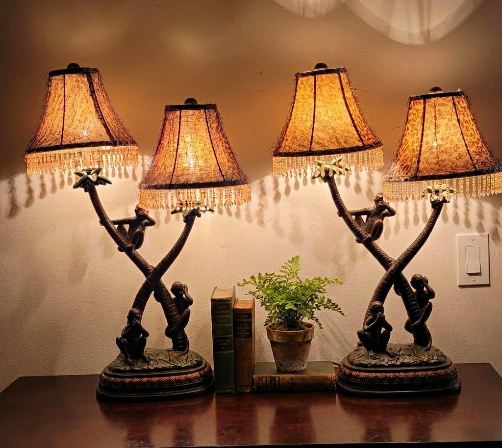Pair Three Wise Monkeys Table Lamps Hear See Speak No Evil Leopard Shades 27\ Pair Three Wise Monkeys Table Lamps Hear See Speak No Evil Leopard Shades 27\