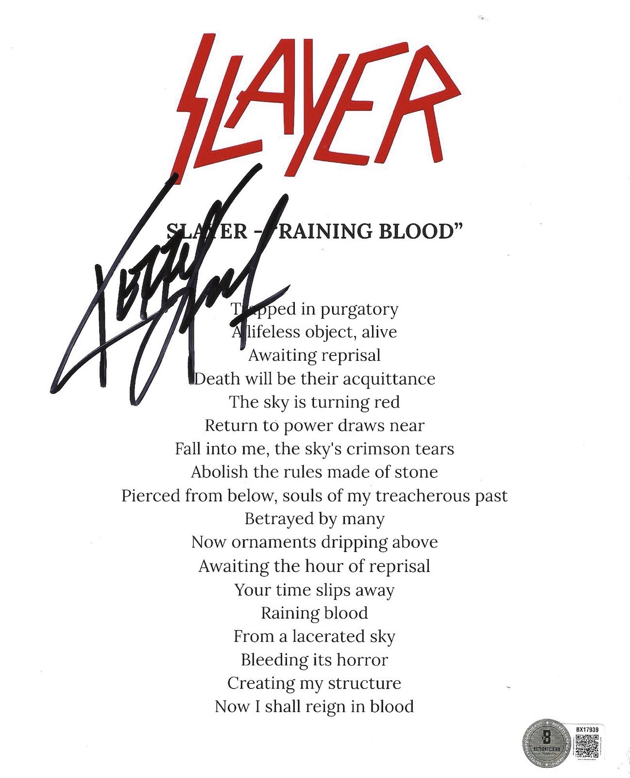 KERRY KING SIGNED SLAYER RAINING BLOOD LYRICS SHEET AUTOGRAPHED - BECKETT COA KERRY KING SIGNED SLAYER RAINING BLOOD LYRICS SHEET AUTOGRAPHED - BECKETT COA