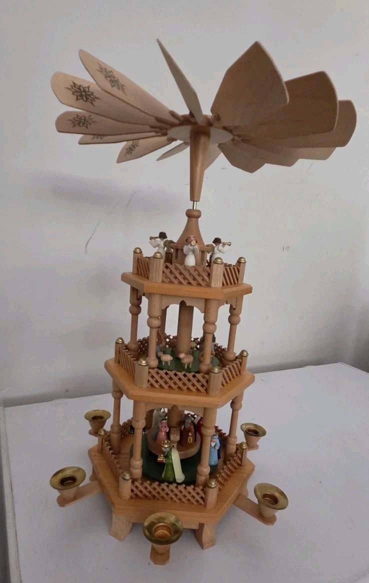 Vintage Wooden Erzgebirge 3 Tiered German Christmas Nativity Pyramid Carousel