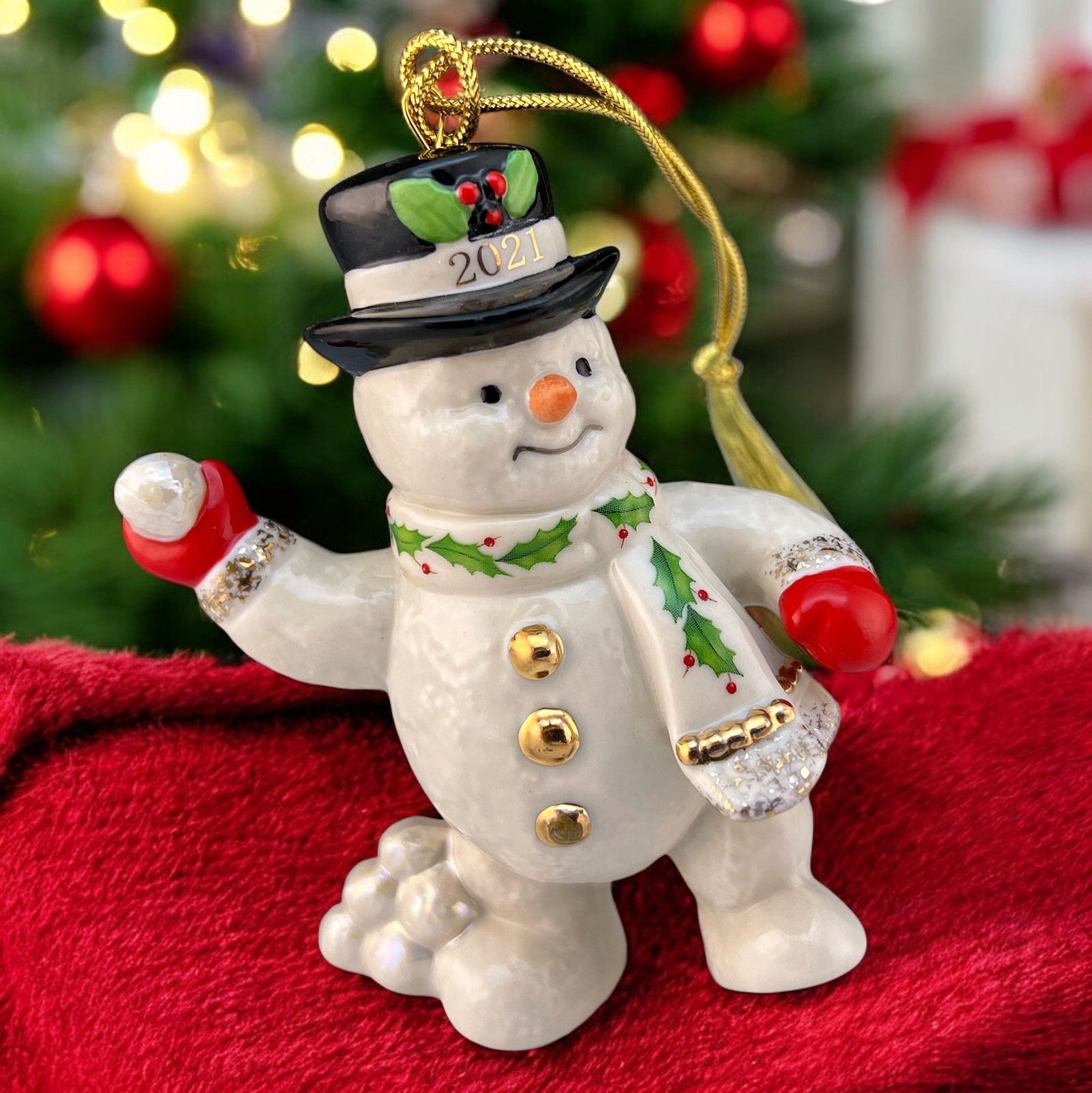 Lenox China 2021 Snowman Annual Xmas Tree Ornament Snowball Fight NOS No box
