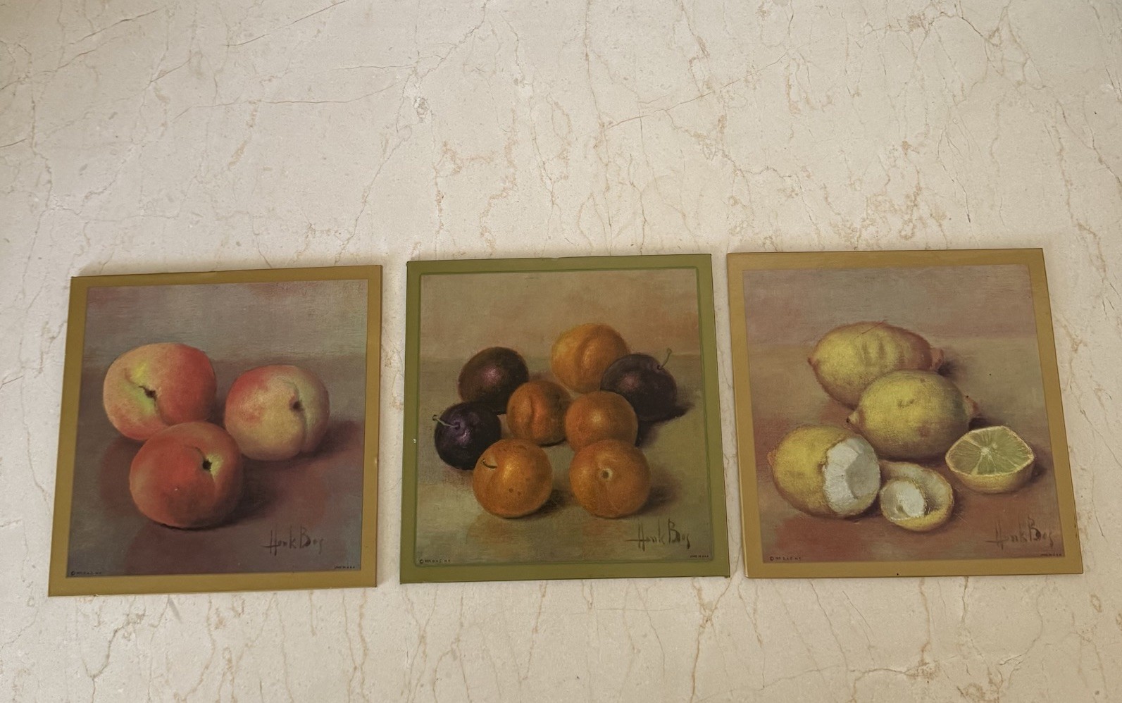 Vtg Henk Bros Fruit Still Life Litho Print Wall Hanging  Felt Back 1971 Lot Of 3