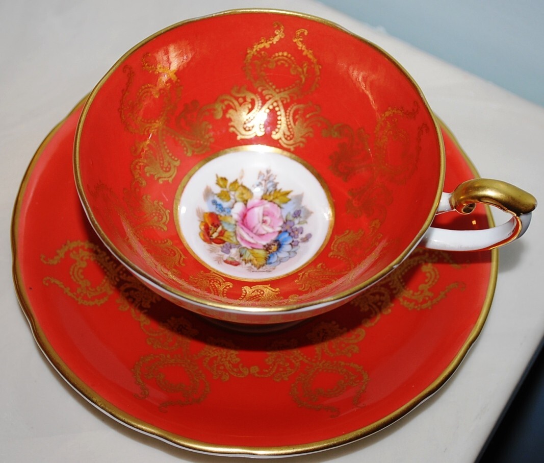 Aynsley J.A. Bailey CABBAGE ROSE CENTER Footed Teacup & Saucer Set ORANGE w GOLD