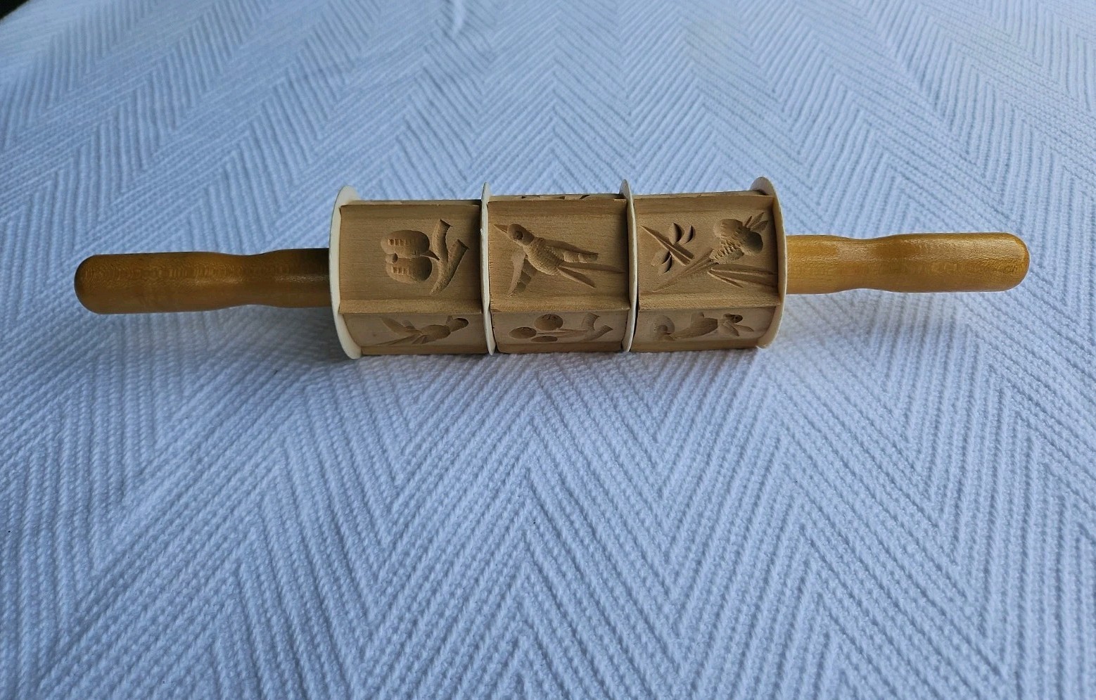 Vintage Wood Carved Fruit Birds Fish Rolling Pin