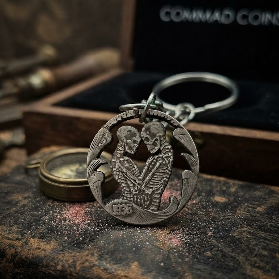 1936 Hobo Nickel Cut Coin Keychain Skull Eternal Love Forever Married Couple Art