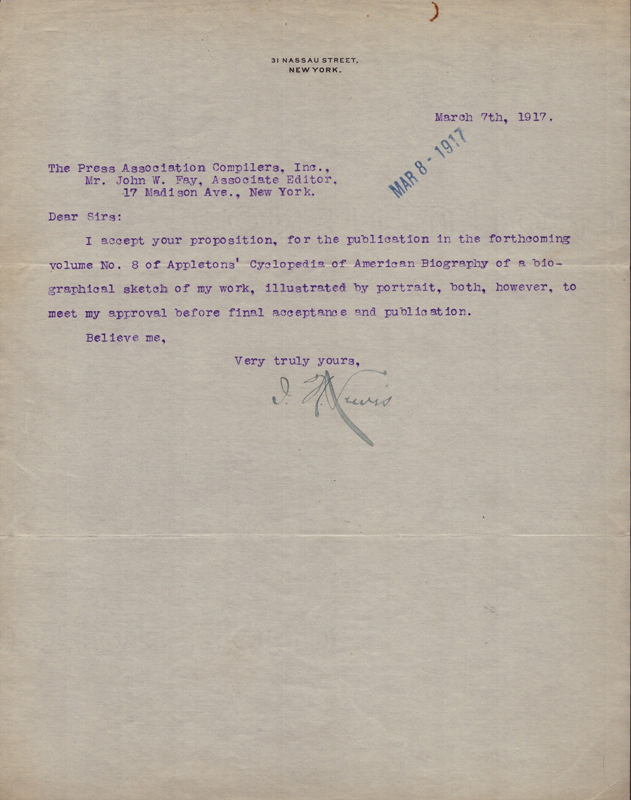 ISAAC N. LEWIS - PRESS RELEASE SIGNED 03/07/1917