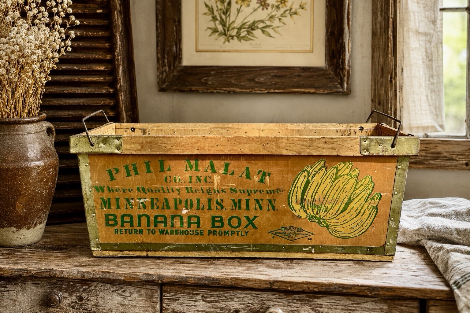 Vintage Wooden Banana Crate Phil Malat Minneapolis mn Wood Fruit Box Handles