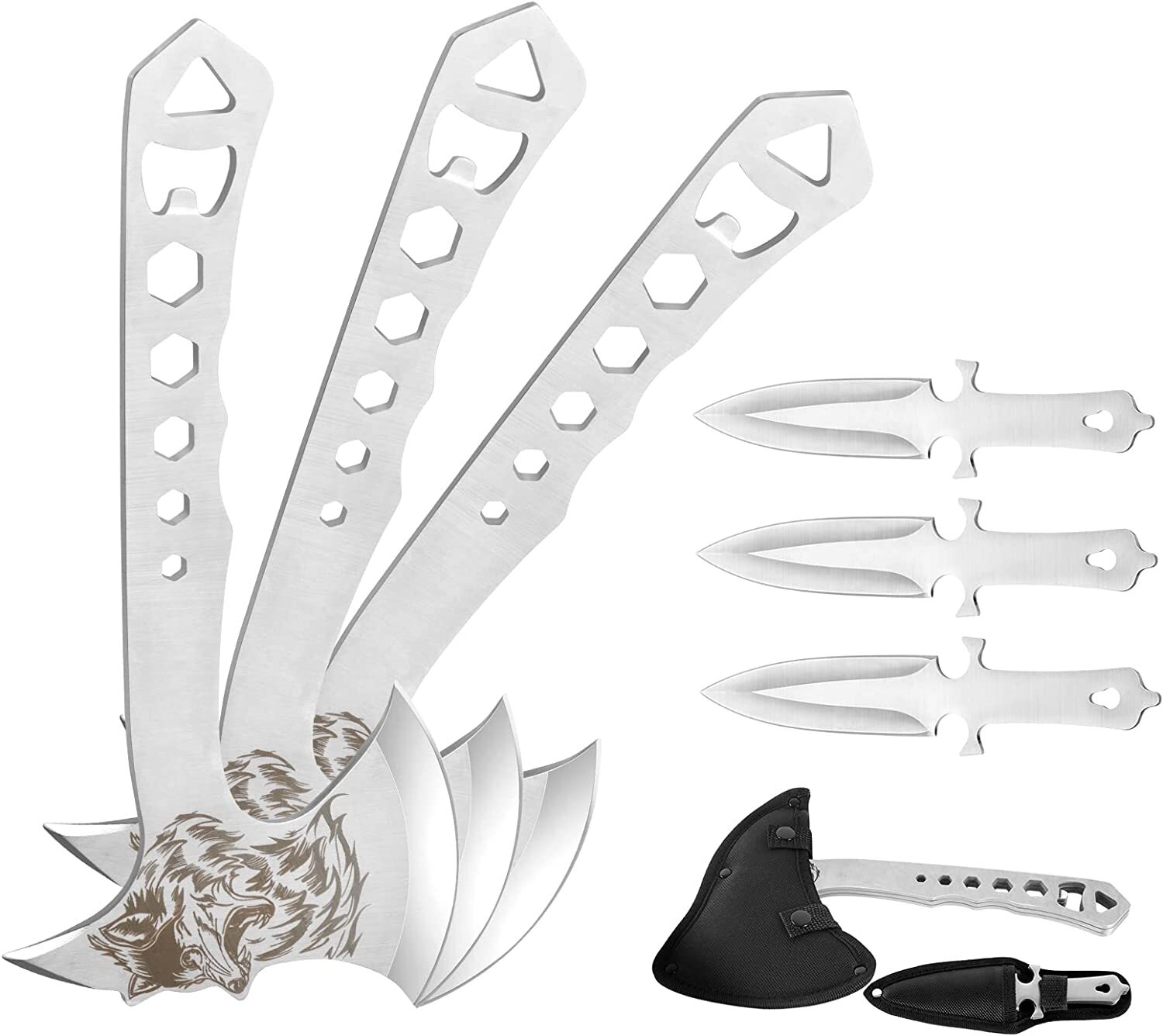 Wolfhead 6-Piece Silver Throwing Axe Set – Garden Camping Target Practice Tools