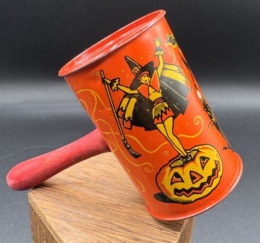 Vintage Kirchhof Tin Litho Pin Up Witch Black Cat Halloween Noisemaker Rattle Vintage Kirchhof Tin Litho Pin Up Witch Black Cat Halloween Noisemaker Rattle