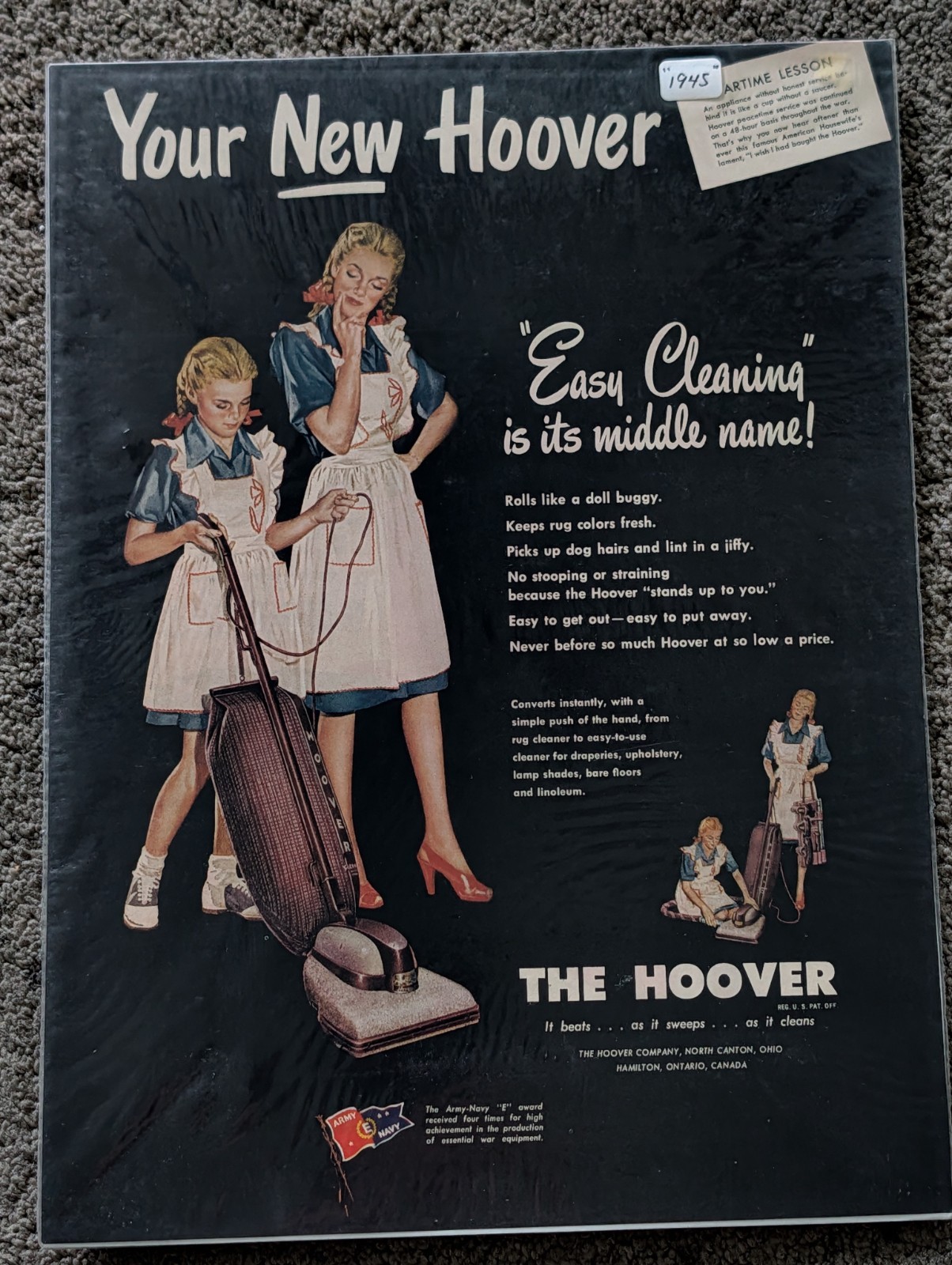 VTG 1945 Orig Magazine Ad HOOVER Vacuum Cleaner Easy Cleaning It\'s Middle Name
