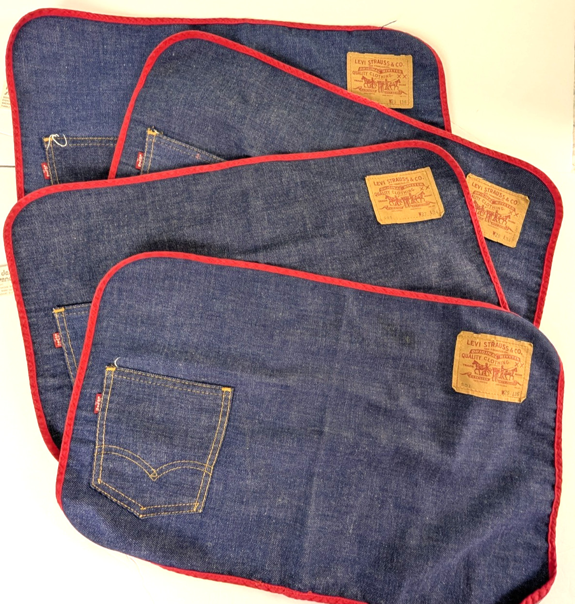 Vintage Levi Strauss 501 Denim Placemats Set of 4 Red Trim Pocket 1970s  13 x 20