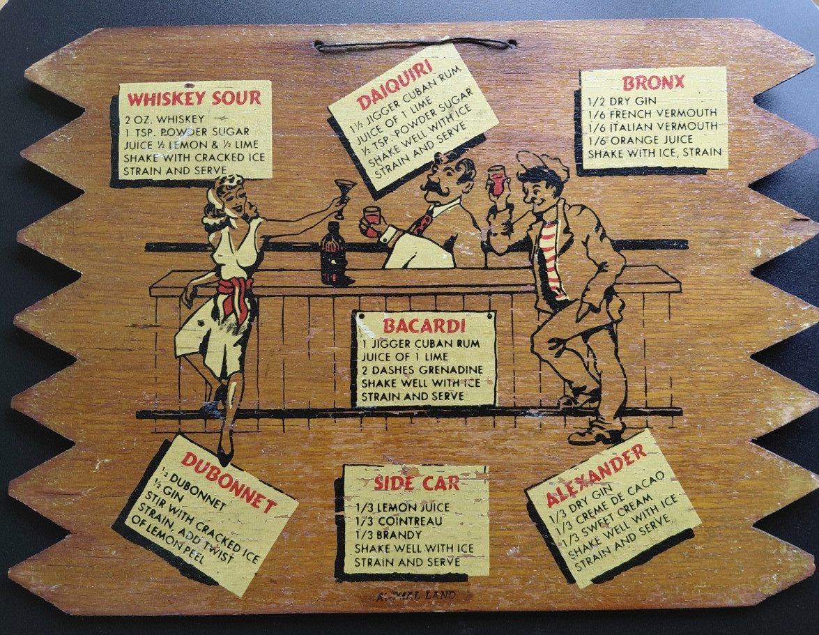 Vintage Wood Bar Plaque of Cocktail Recipies and Characters Leaning on the Bar Vintage Wood Bar Plaque of Cocktail Recipies and Characters Leaning on the Bar