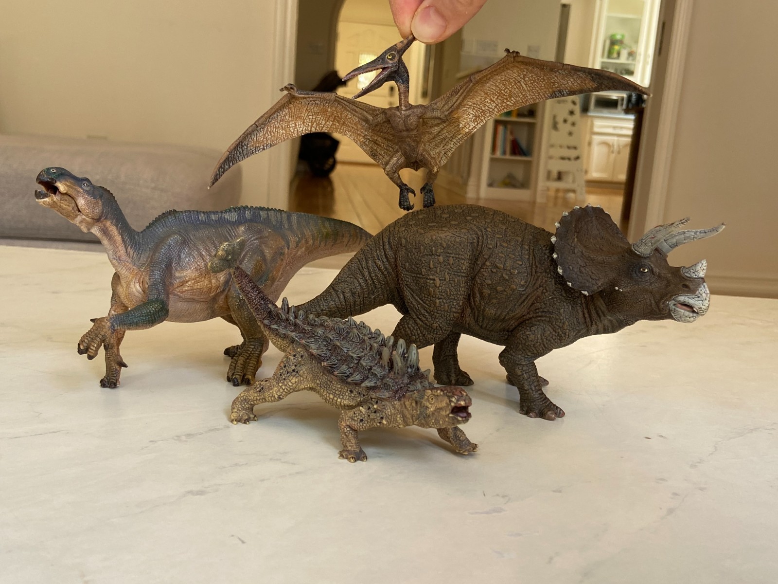 Lot of 4 Papo Dinosaurs: Triceratops, Iguanodon, Ankylosaurus & Pteranodon