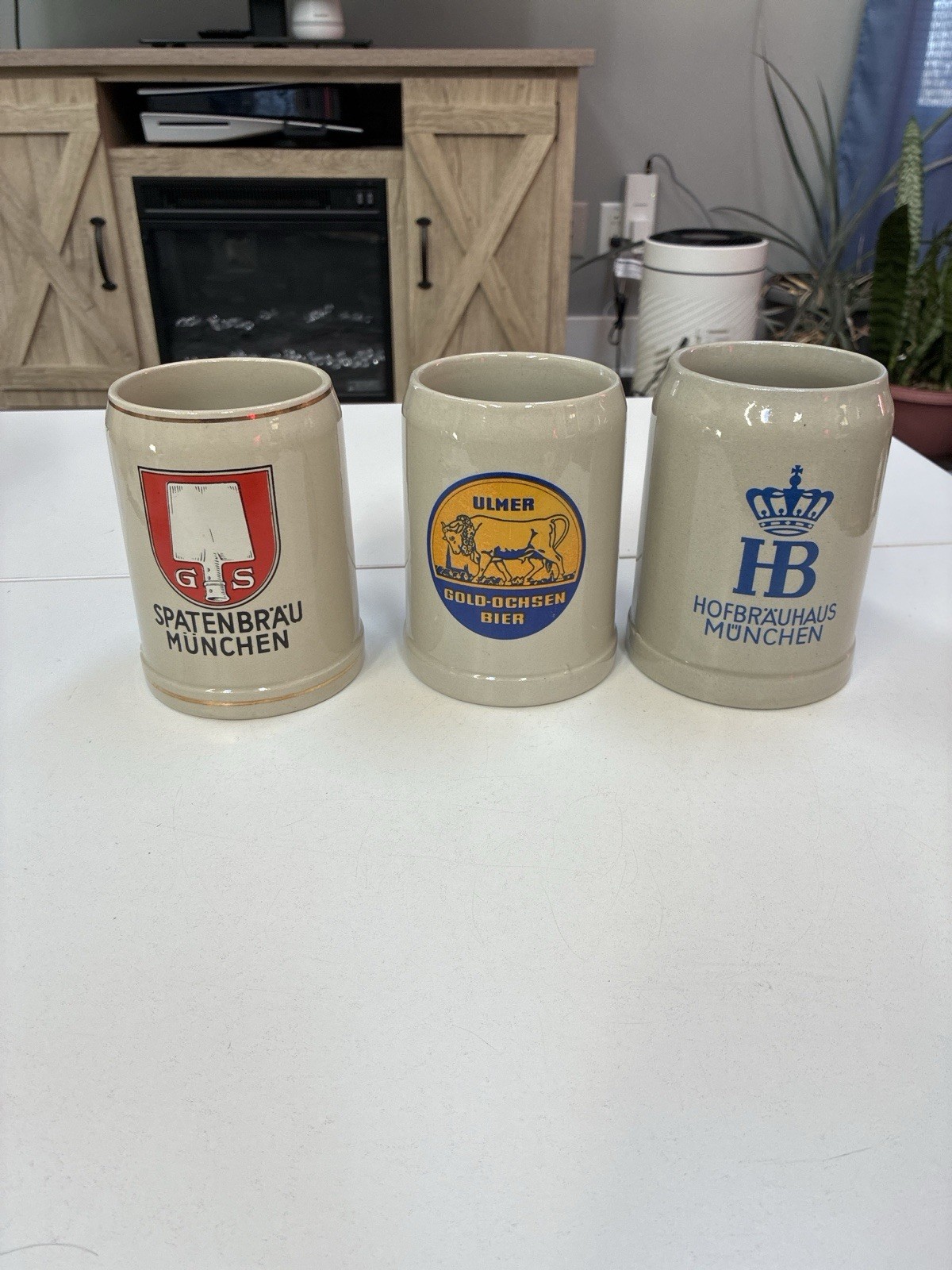 Lot 3 German Salt Glaze Beer Stein Set 3 Gerz W Germany 0.5L HB Spaten Ulmer