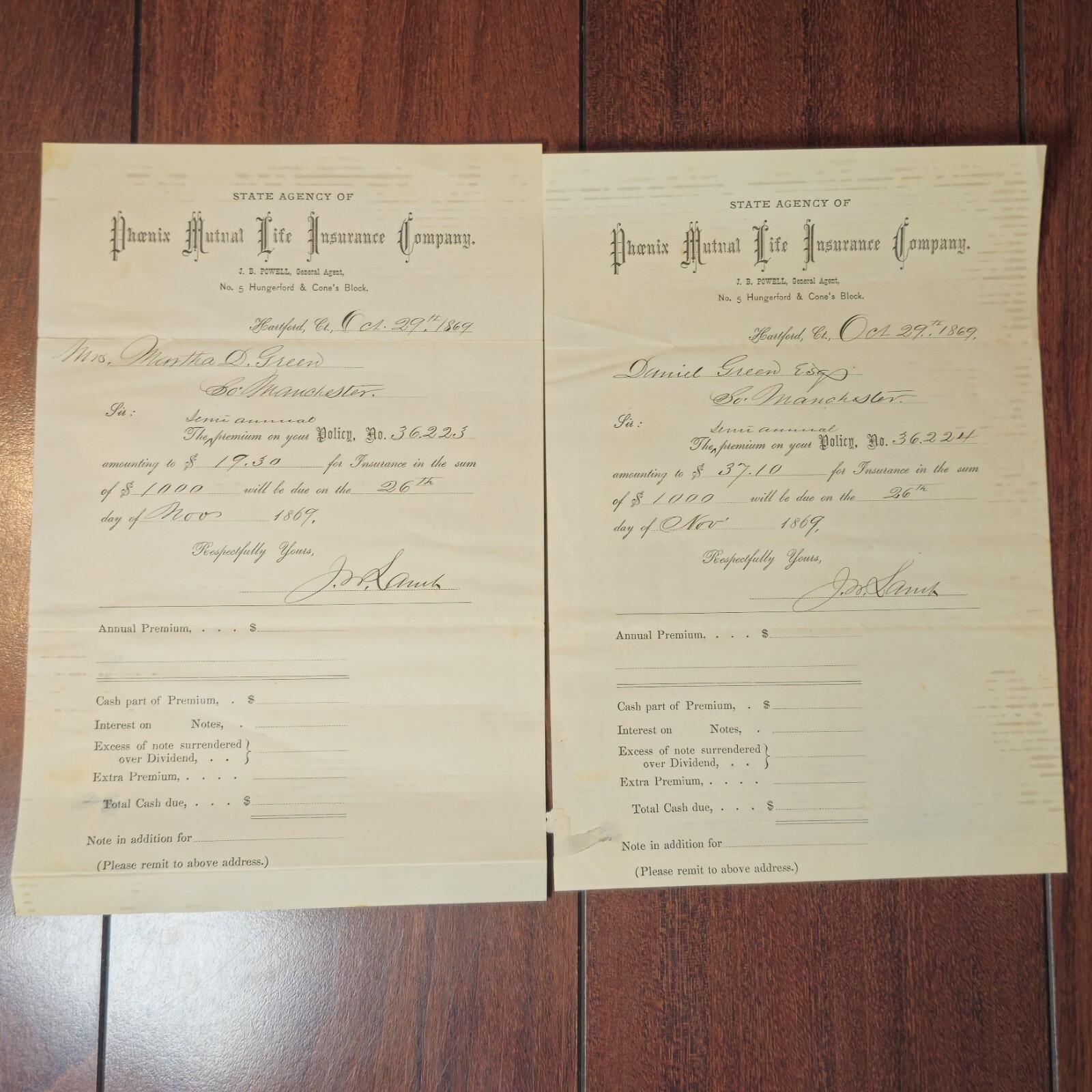 1869 Phoenix Mutual Life insurance  Hartford Conn. Premium Quote Bill Letter
