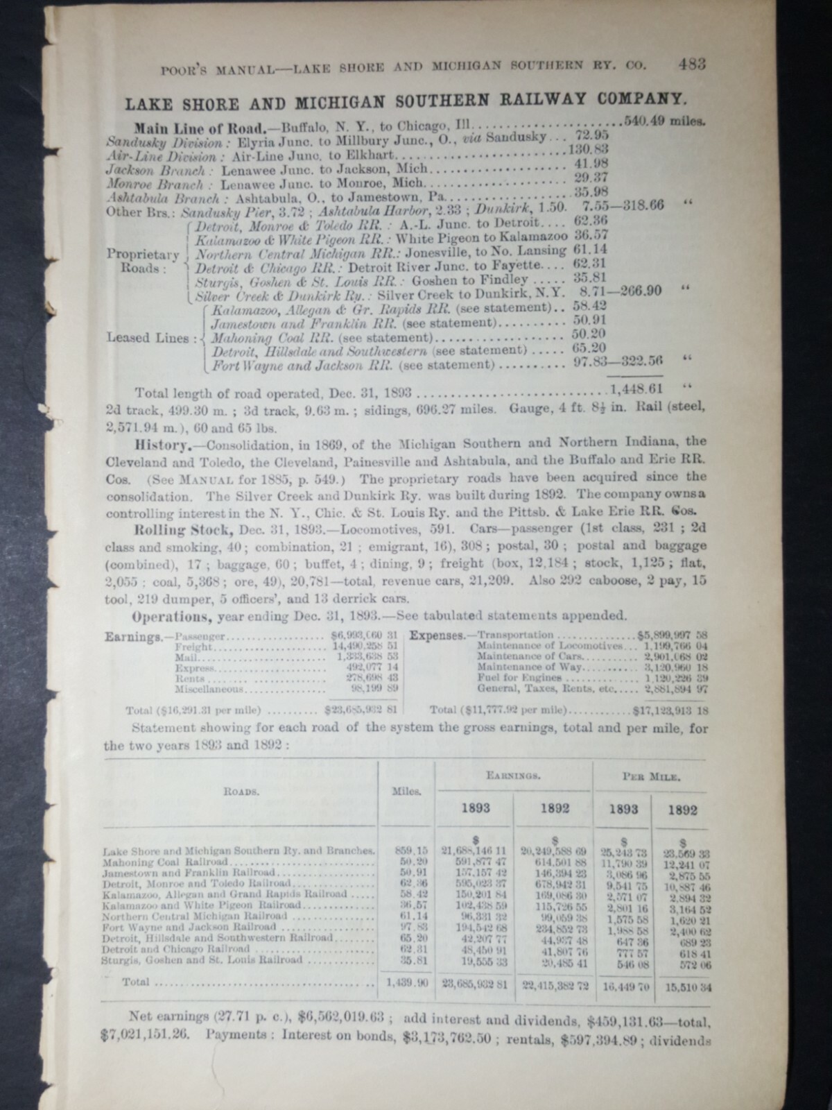 1894 railroad report LAKE SHORE & MICHIGAN SOUTHERN Jackson Lenawee Elkhart MI