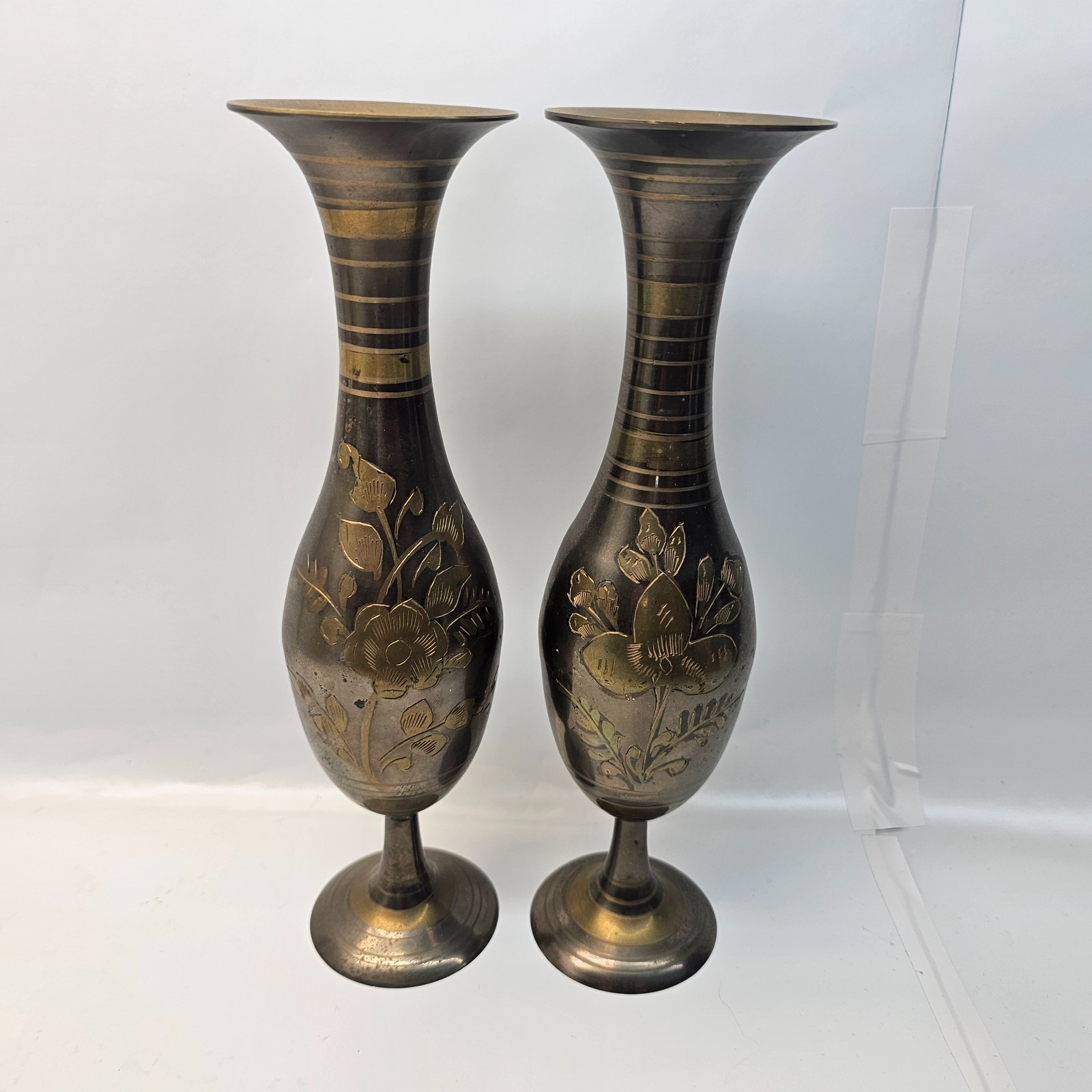 Vtg Brass Floral  Footed Vase Dark Brass /Gold Etched 10” Tall -  2 Pack