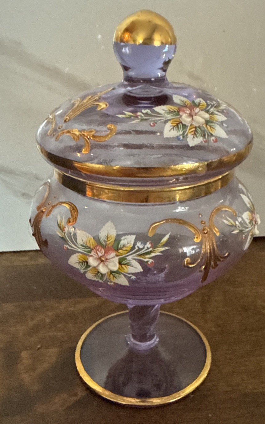Italian Venetian Mutant Glass Dish. Hand Painted With Gold. Excellent Condition