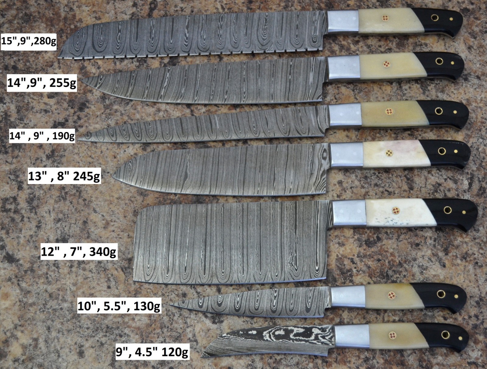 Damascus Steel Handmade 7 Pcs Luxury Chef Knives Set with Bone / Horn Handle