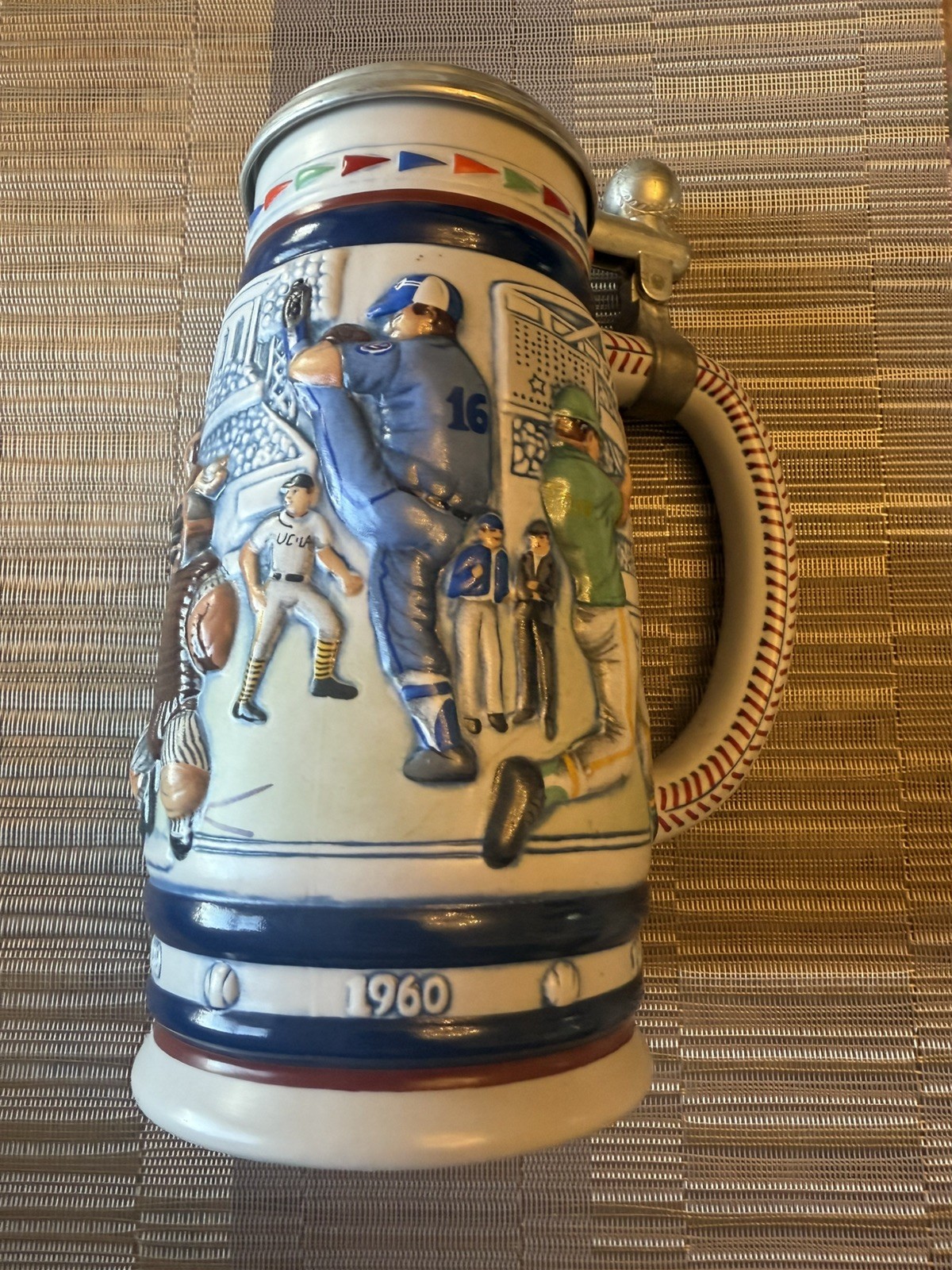 VINTAGE 1984 Avon Baseball Stein by Ceramarte Evolution of the Game w Pewter Lid