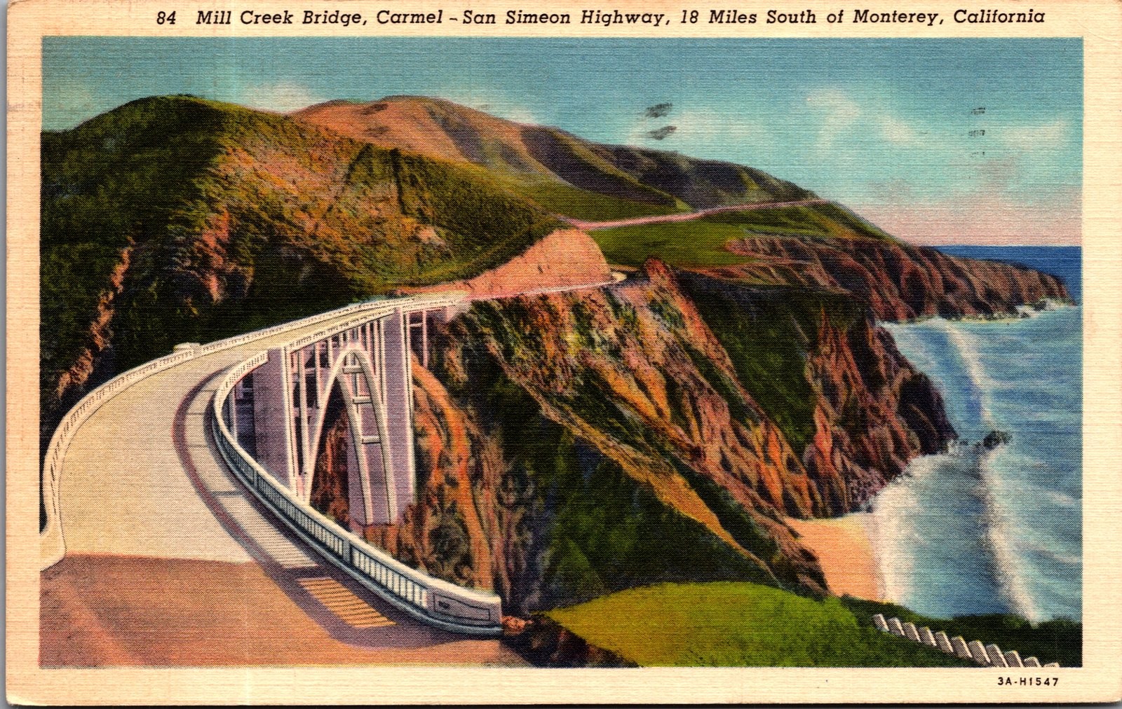 1939 Mill Creek Bridge Carmel San Simeon Highway California Postcard
