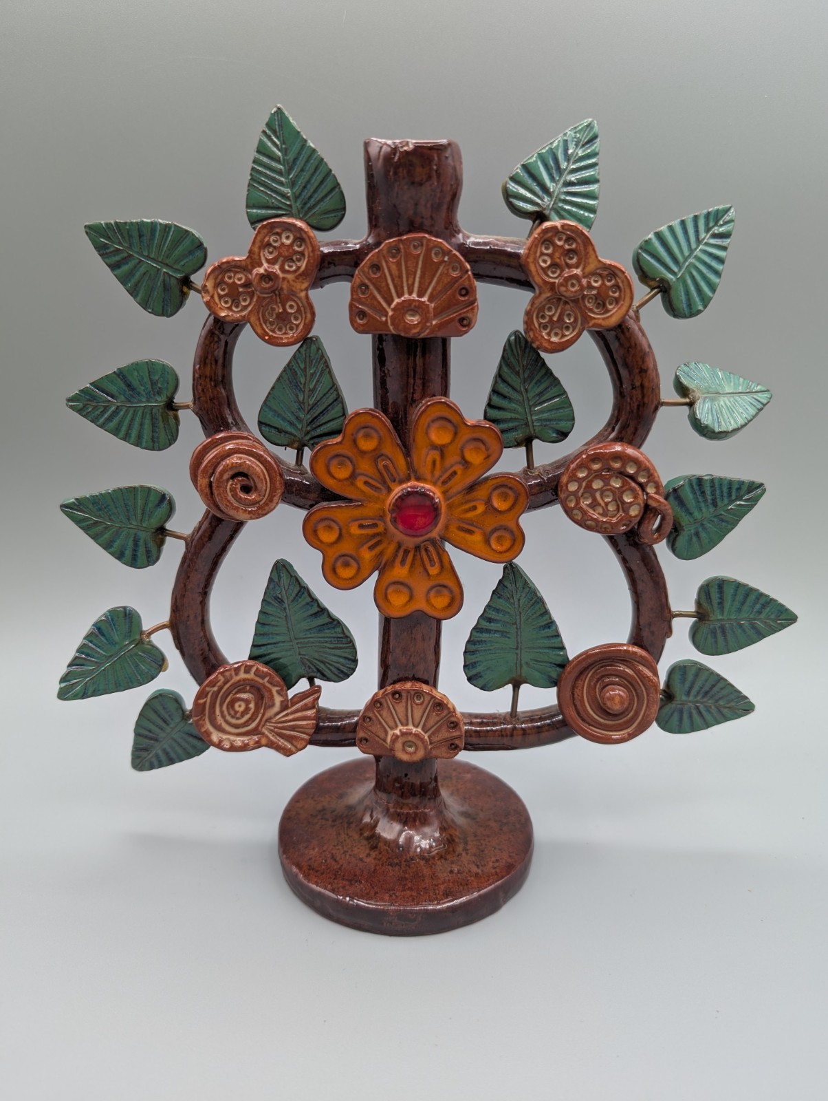 VTG Mexican Folk Art Pottery Tree of Life Candle Holder Floral Signed REPAIR
