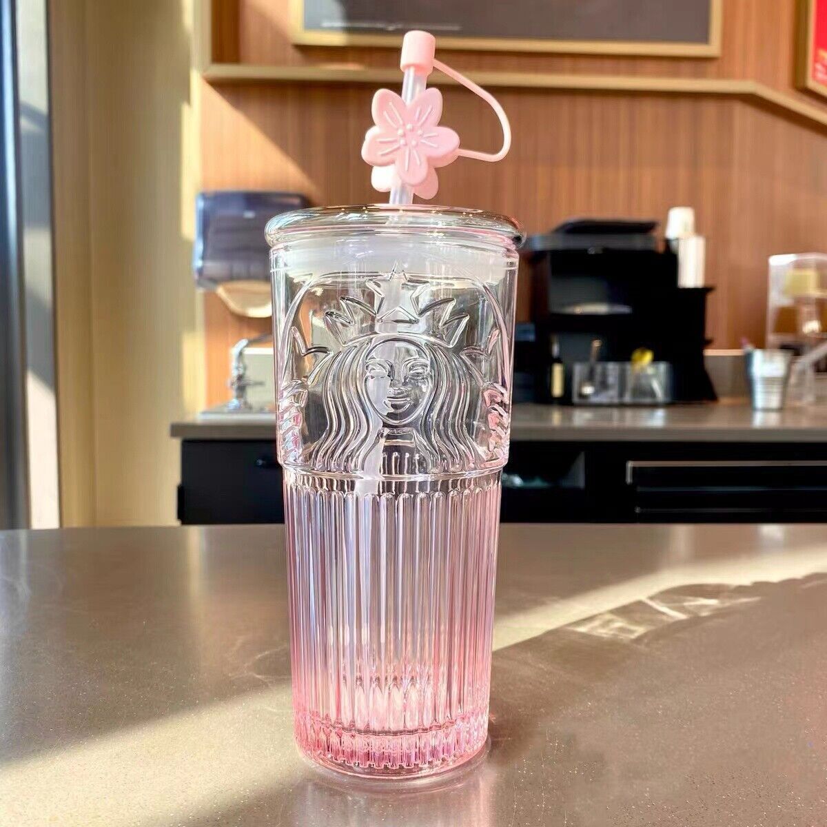 Starbucks Glass Cup Pink Gradient Sakura Tumbler Cherry Blossom Topper New