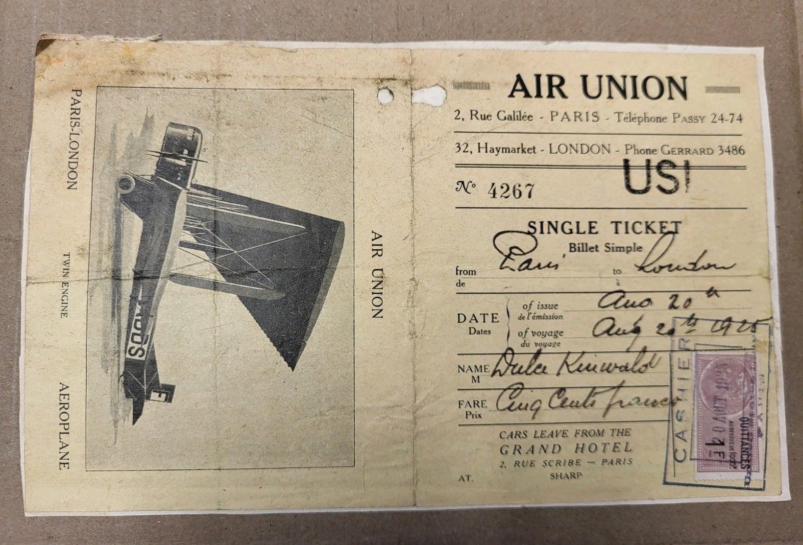 Antique Air Union French Airplane Ticket Paris to London 1925 Aviation History