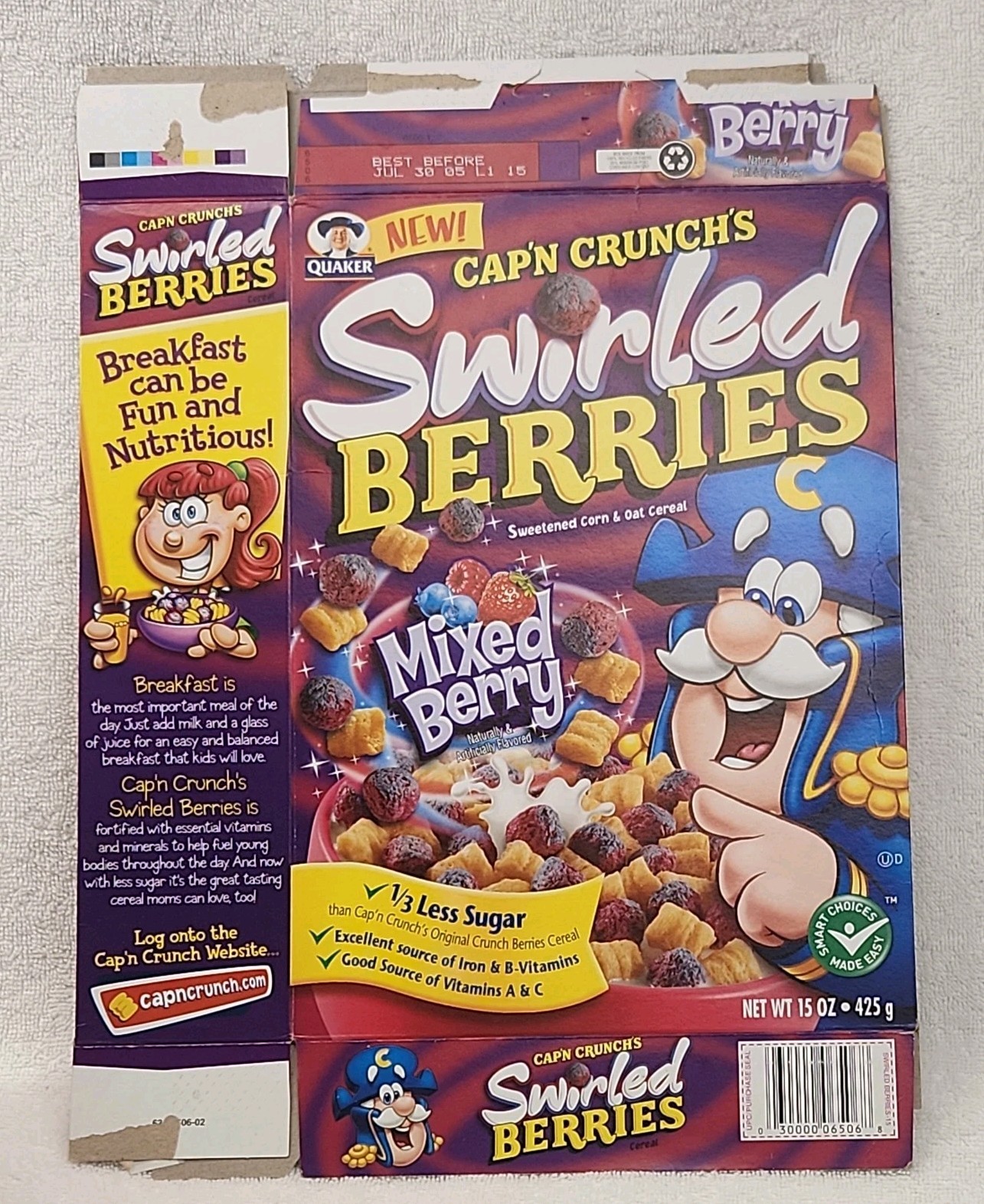 2005 Quaker Cap\'n Crunch Swirled Berries Cereal Box Empty