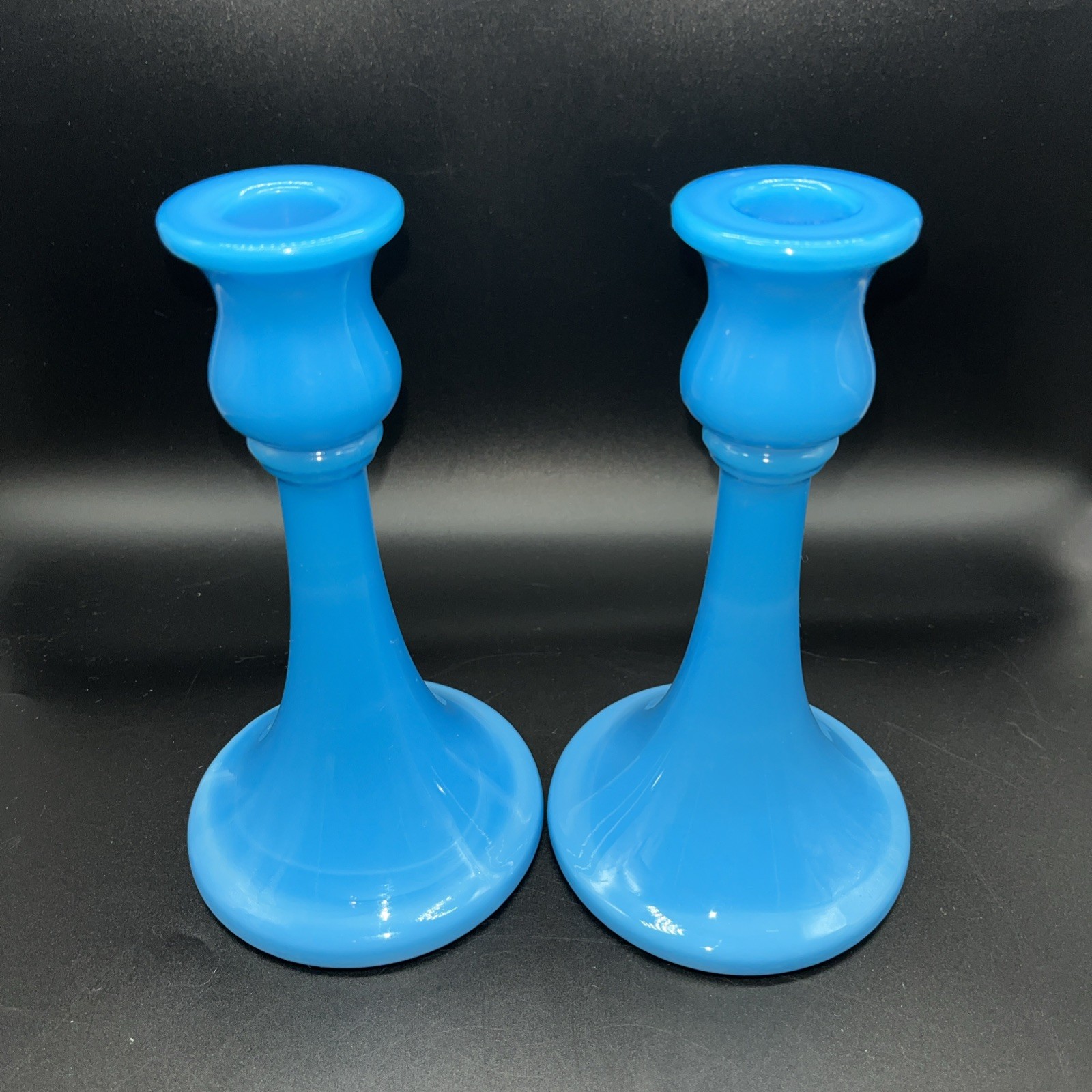 Vintage Blue Opaline Slag Glass Candle Stick Holders Set Of 2