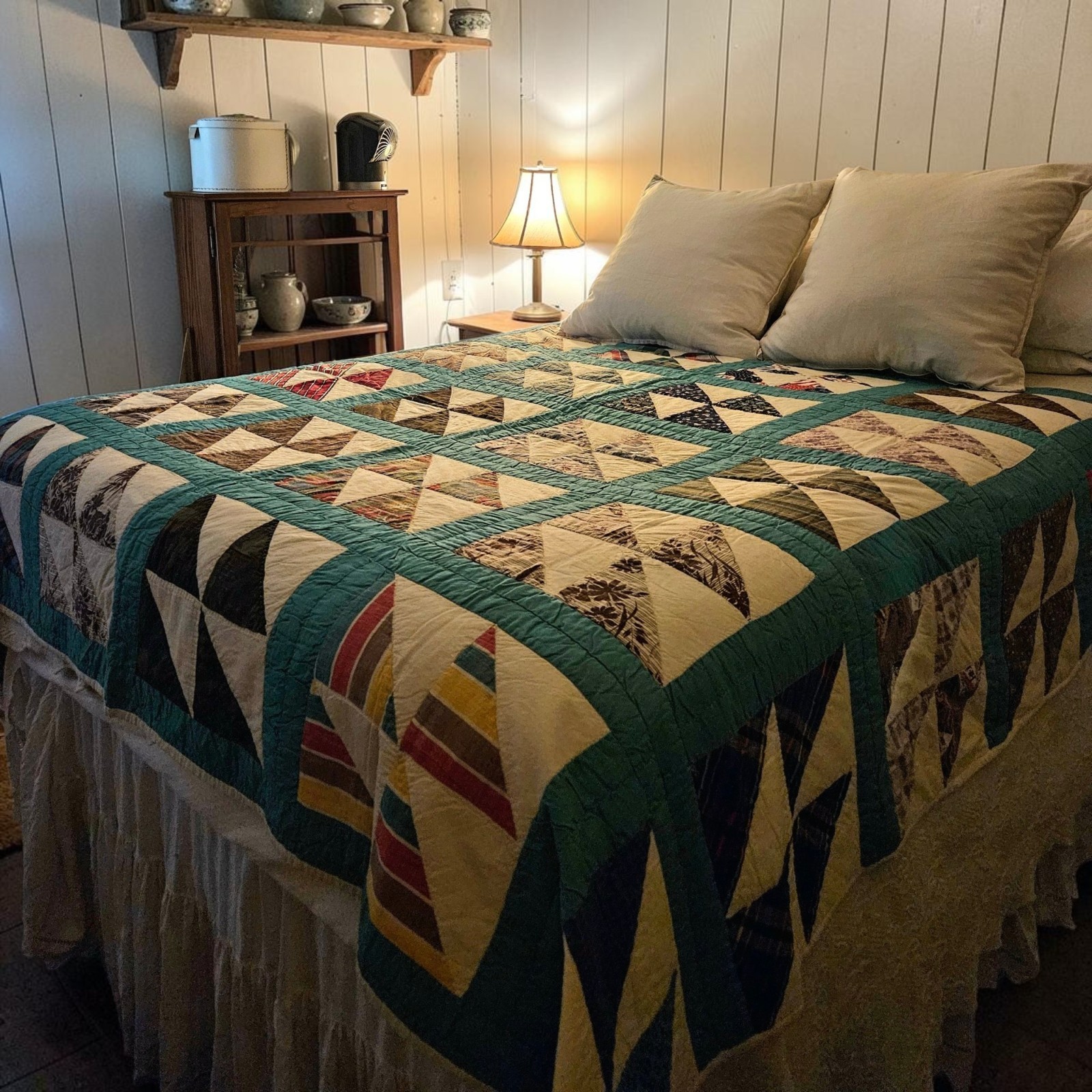 Vintage Pinwheel Quilt Handstitched Feedsack 84”X 70” Greens Blues