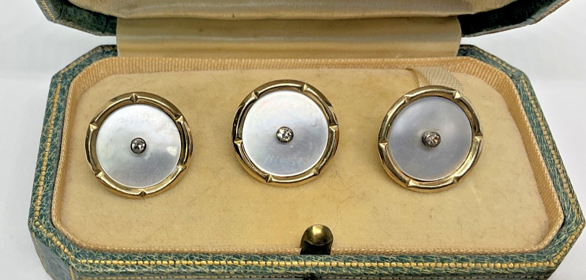Antique 14K Solid Yellow Gold Lot of 3 Mother of Pearl &  Diamond Buttons 4.4 GR
