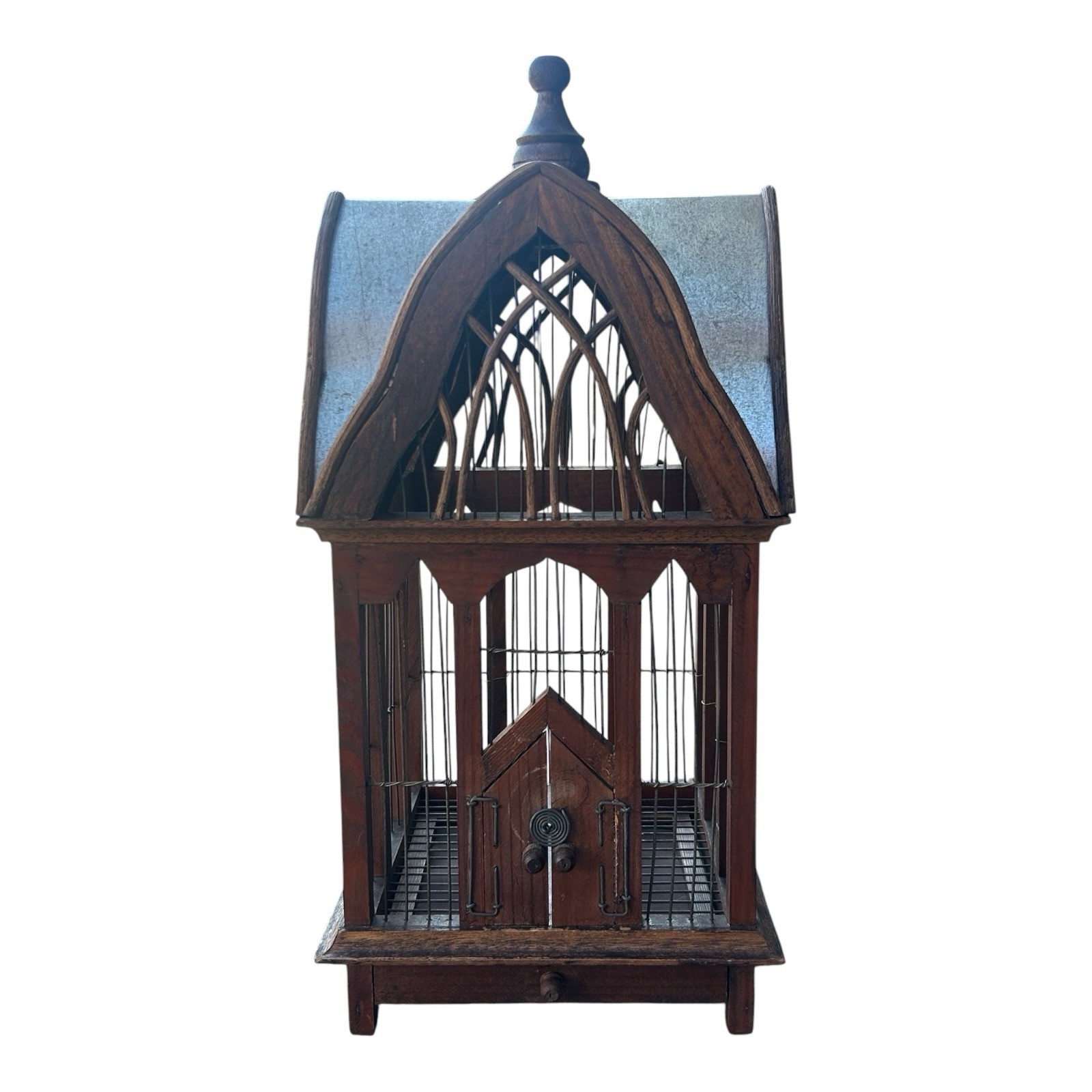 Vintage Gothic Cathedral Wood Birdcage Tin Roof Architectural Large Decor 23