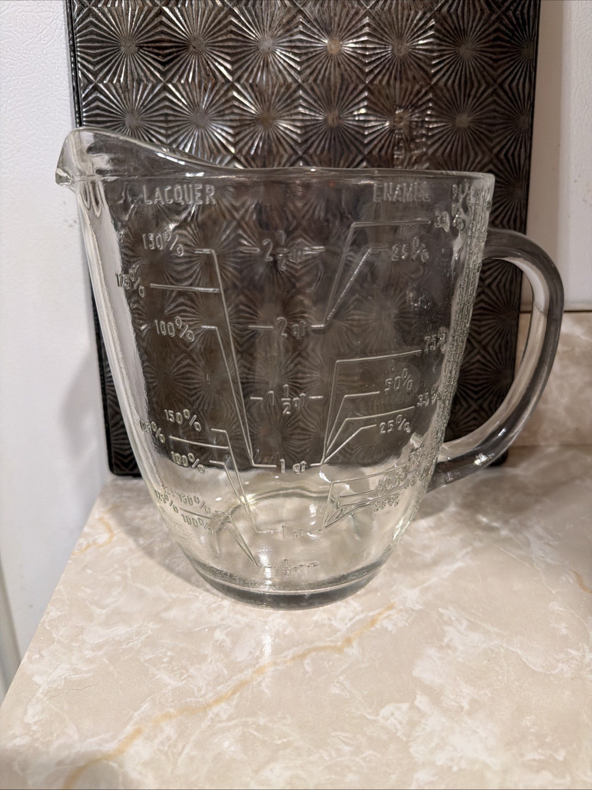 VINTAGE LARGE GLASS MEASURING CUP BY MOE Co. COPYRIGHT 1972. vintage 1972 glass 