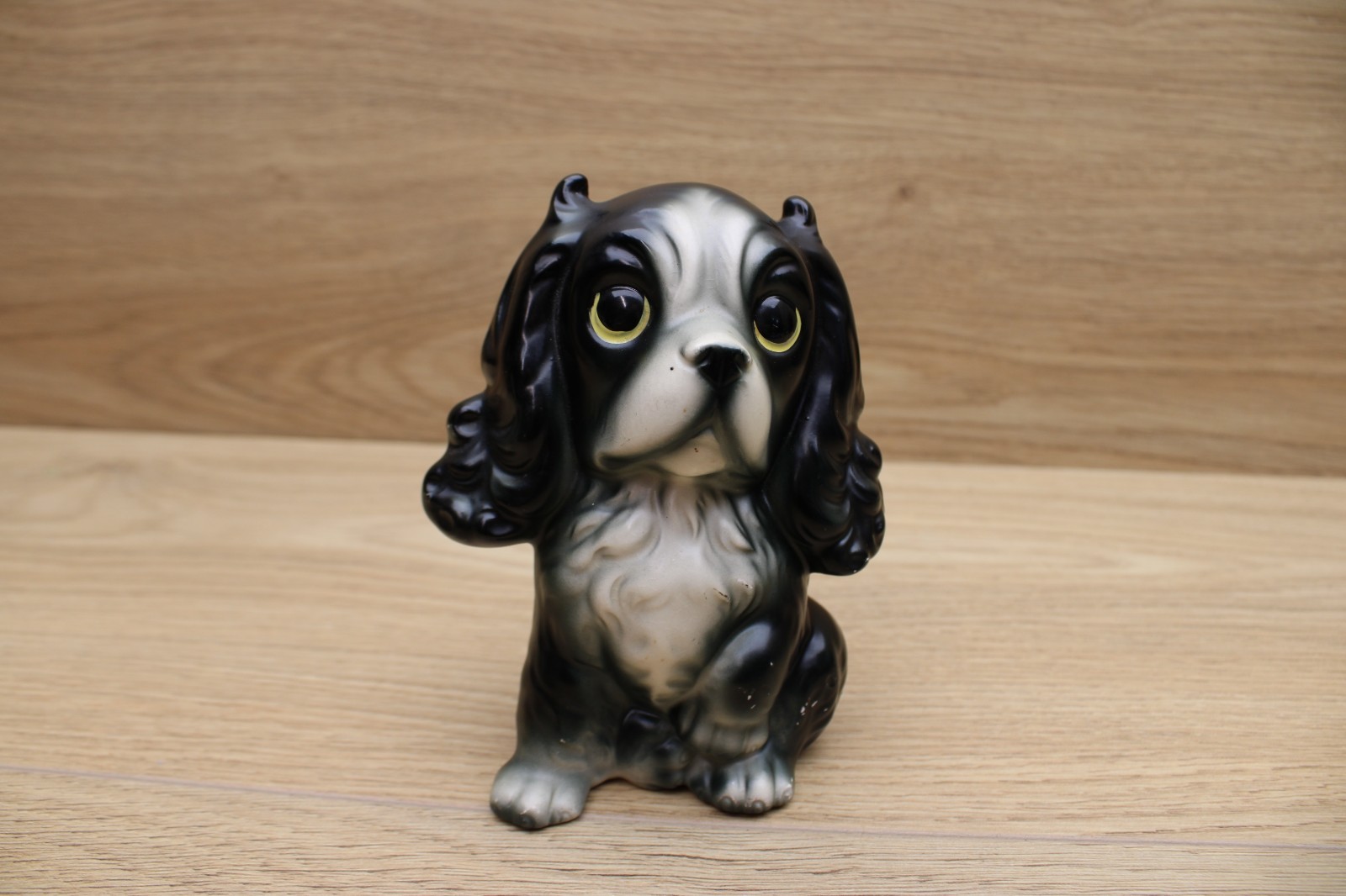Vintage Black Cocker Spaniel Ceramic Figurine Big Yellow Eyes Japan Style 60s70s