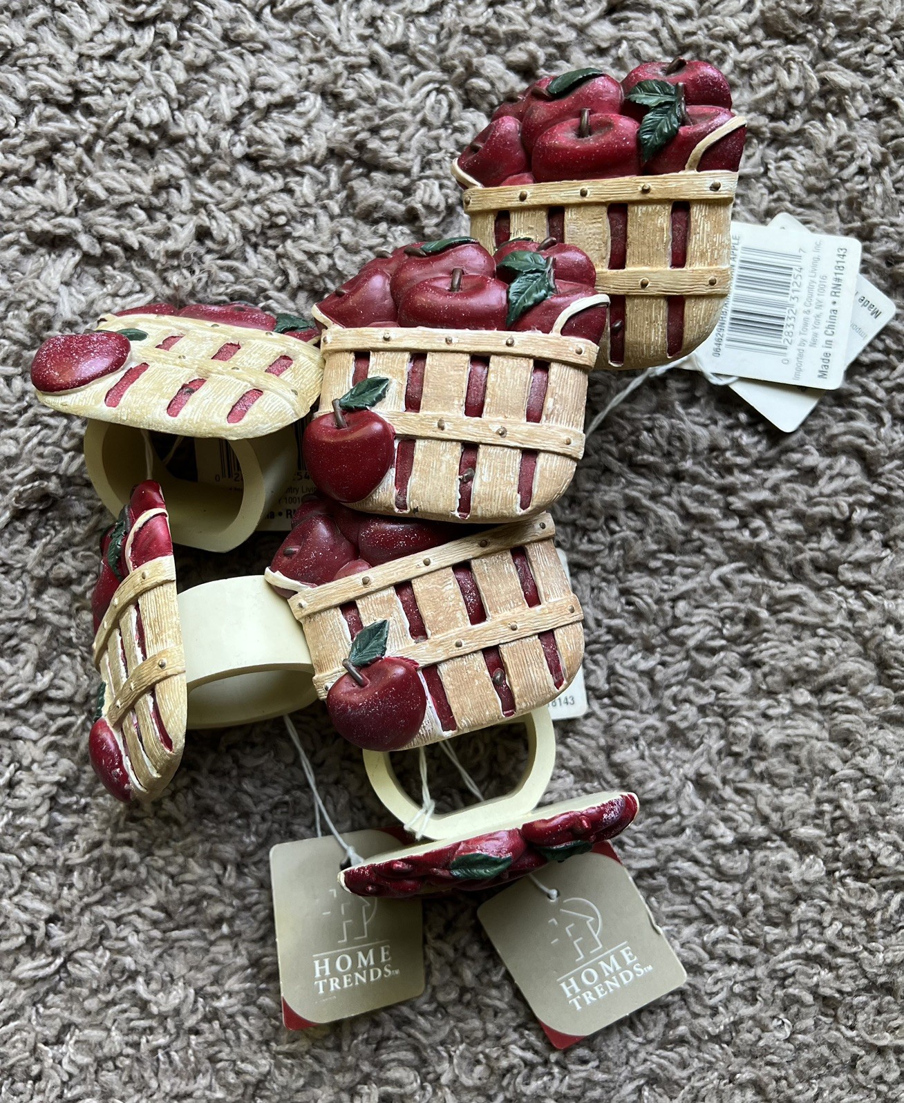 NWT Home Trends Vintage Red Apple Basket Napkin Rings Country Farm Lot of 6
