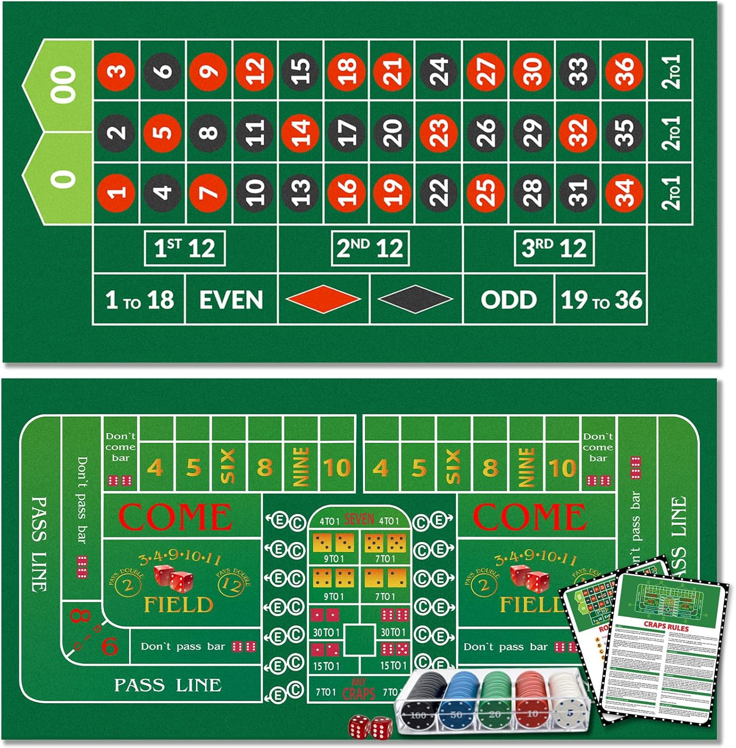 Double Sided Roulette Craps Table Top Mat 36x72 Casino Felt Poker Double Sided Roulette Craps Table Top Mat 36x72 Casino Felt Poker