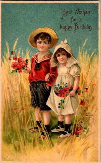 Postcard Best Wishes for a Happy Birthday boy girl wheat field embossed Postcard Best Wishes for a Happy Birthday boy girl wheat field embossed
