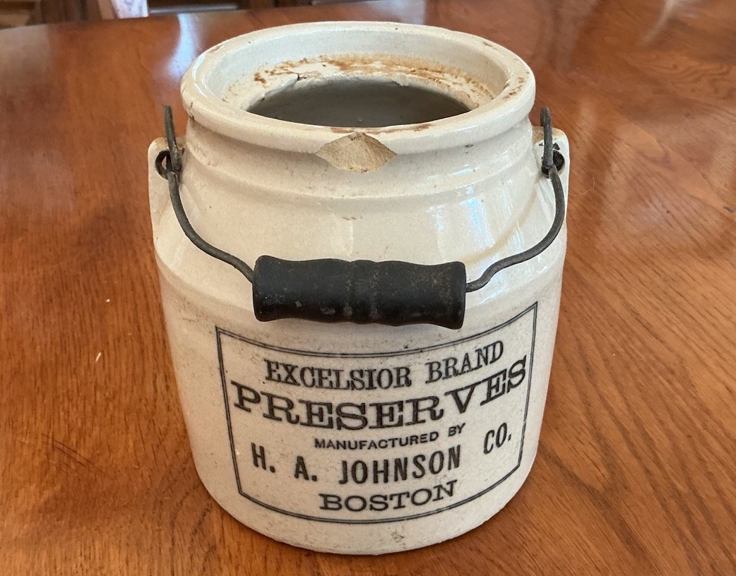 H.A. Johnson Co Boston Stoneware Preserves Crock Wire Bail Handle Advertising