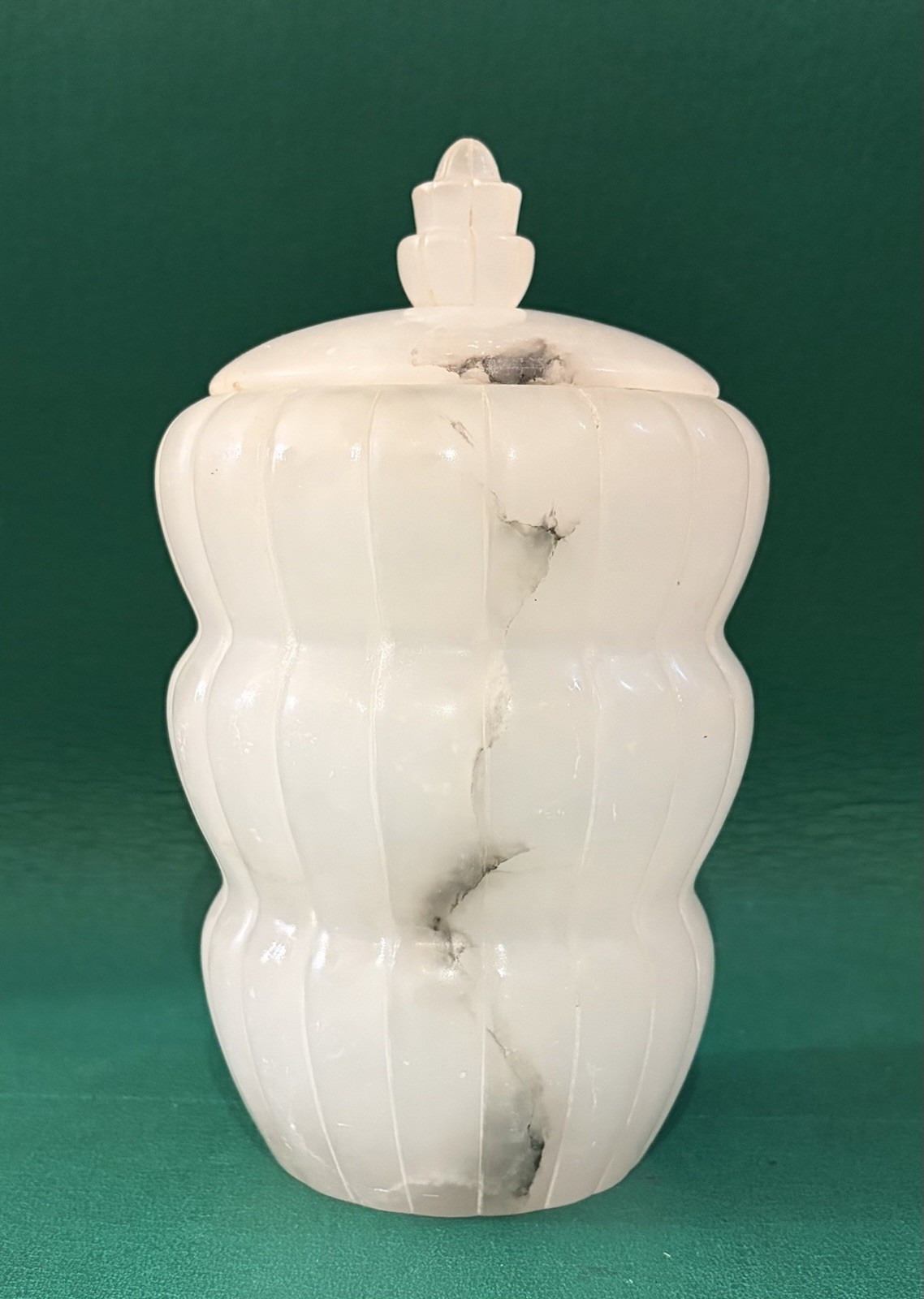 Vintage Italian Carved Alabaster Apothecary Jar in 3 Tier Melon Body, White RARE