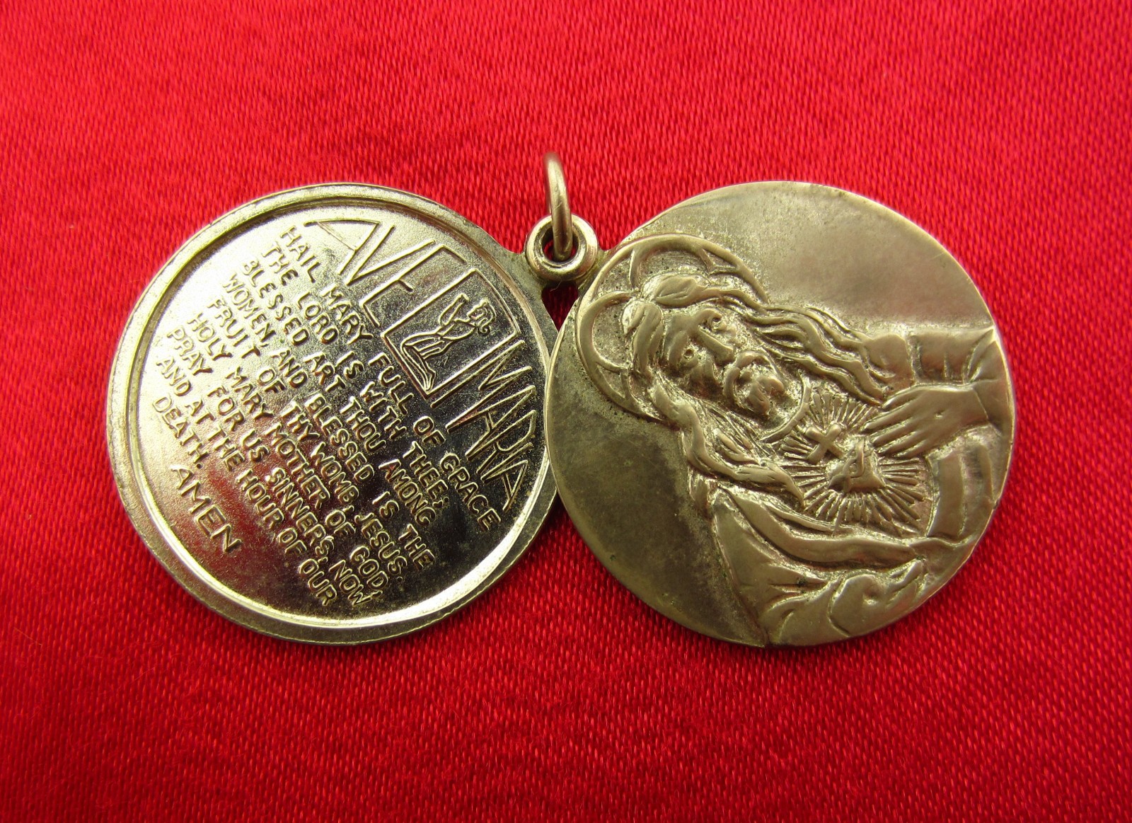 Vintage JESUS Medal HAIL MARY PRAYER Religious Catholic Pendant SLIDES OPEN